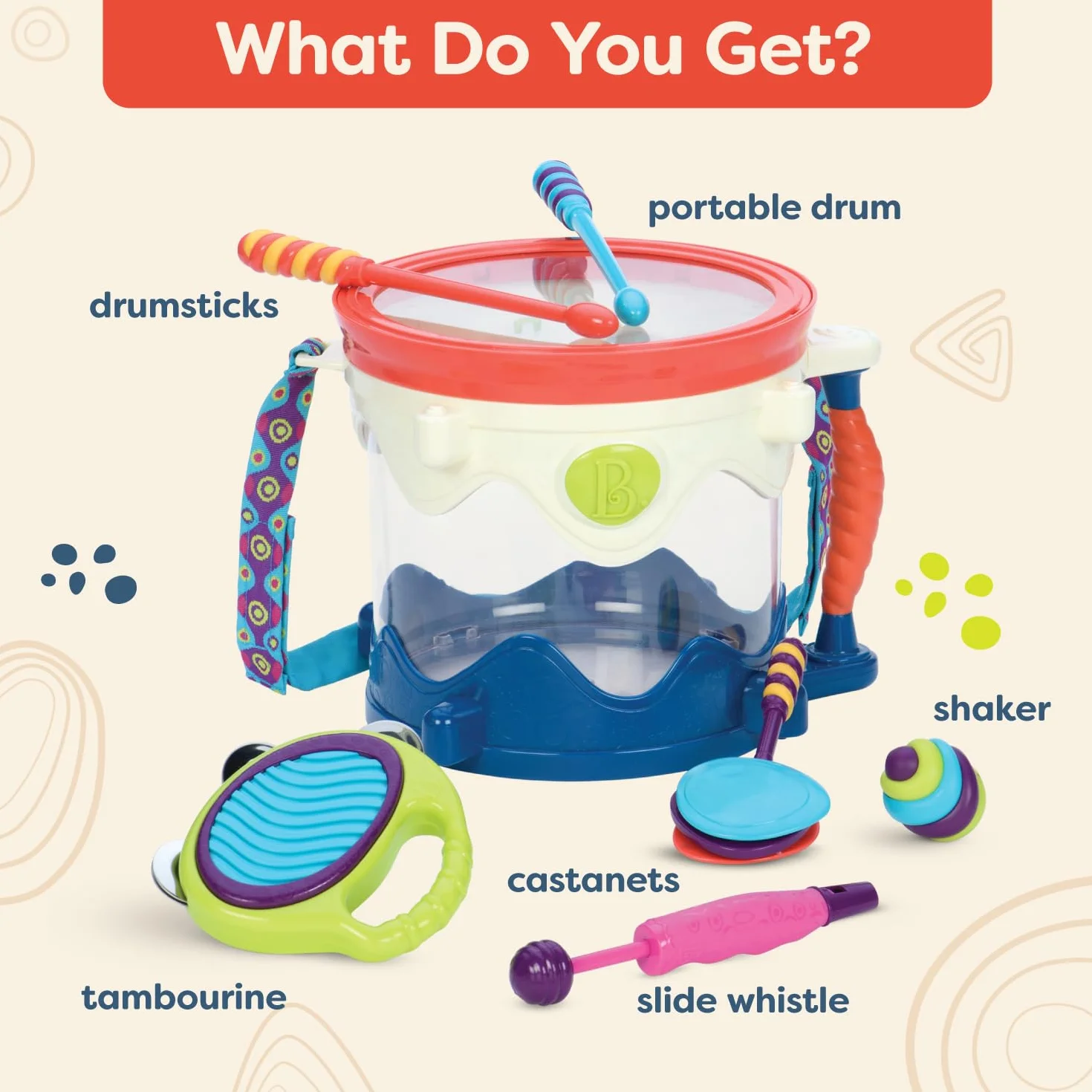 B. toys by Battat - B. Drumroll - zestaw perkusji do zabawy (zawiera 7 instrumentów perkusyjnych dla dzieci)