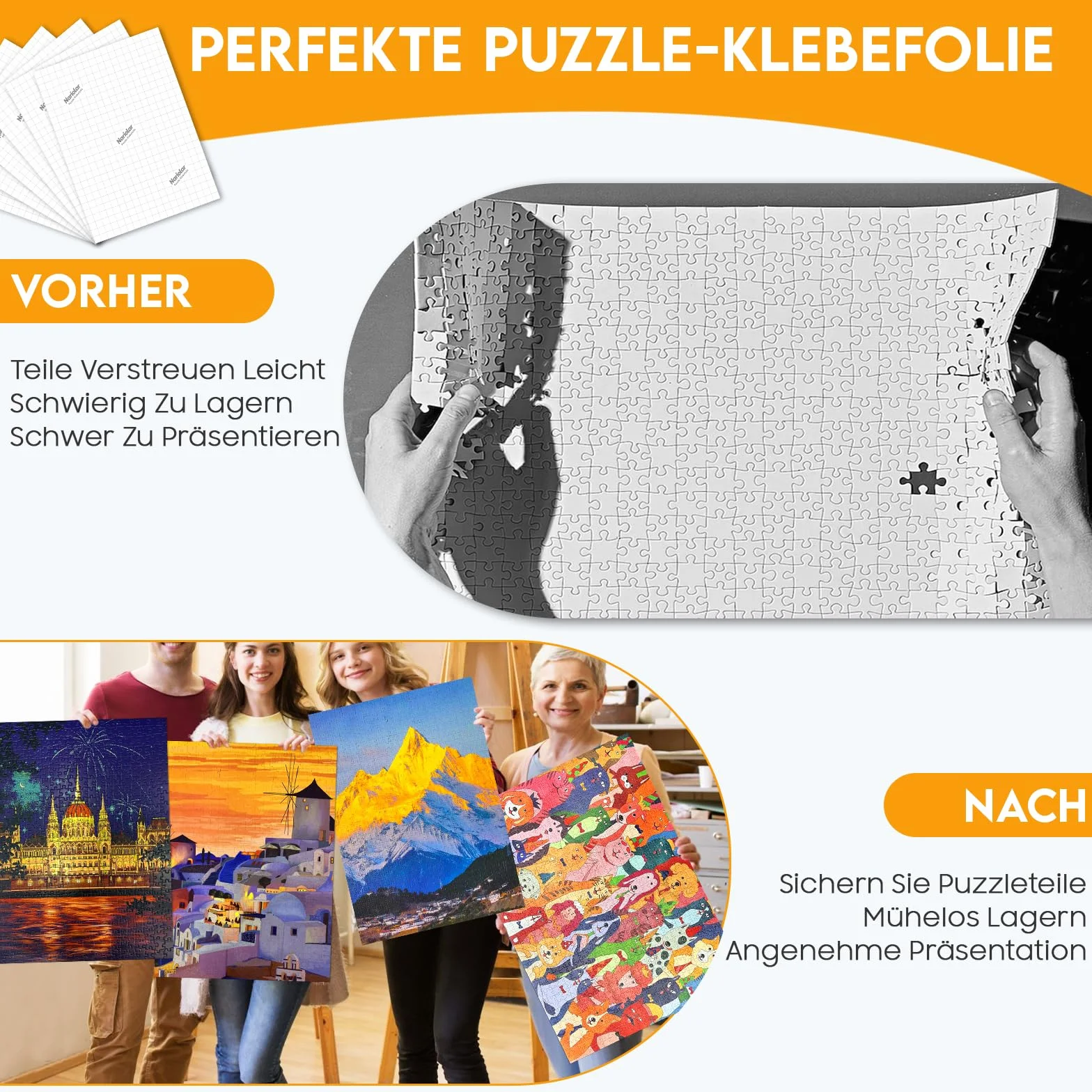 Nariolar Ultra-przyczepna folia samoprzylepna, 32 super klej do puzzli, do otrzymania 4 x 1000 elementów i do ochrony puzzli w ciągu zaledwie kilku minut