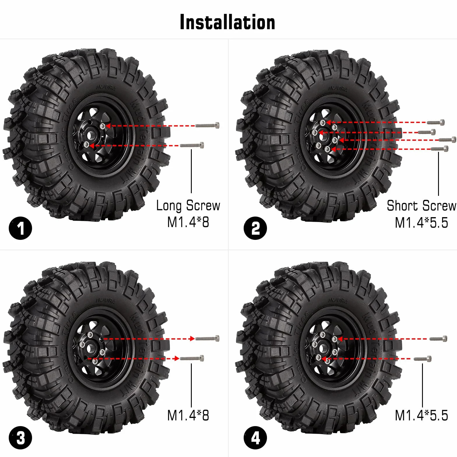 INJORA Zestaw 1.0 RC Beadlock koła błotne opony Deep Dish, opony do TRX4M 1/18 Axial SCX24 Gladiator Deadbolt Bronco C10 JLU części do RC Crawler Car, S5