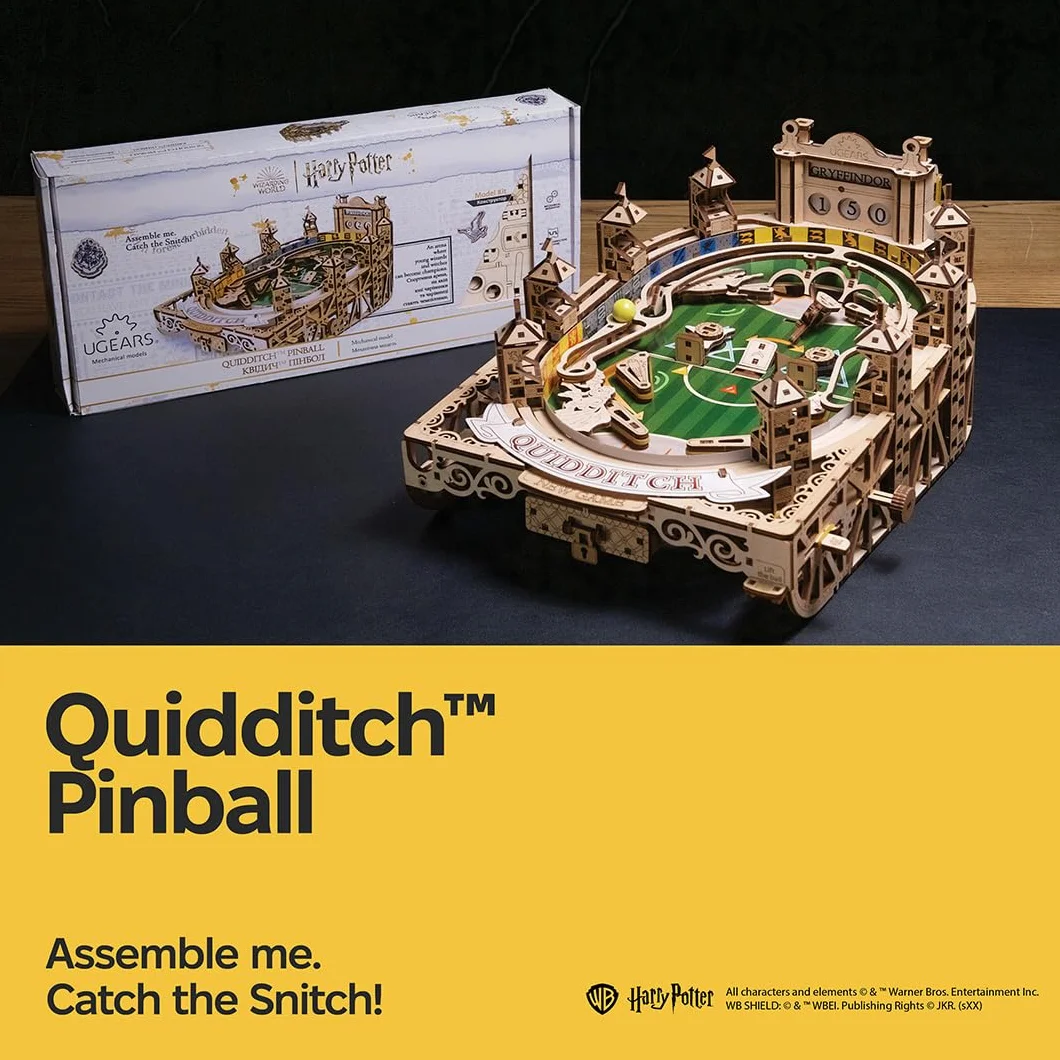 UGEARS Harry Potter Quidditch Flipper – zestaw modelarski dla dorosłych – drewniane puzzle 3D w stylu magicznego drewna – unikalny zestaw drewniany automatu do flippera jako przeżycie 3D dla dorosłych