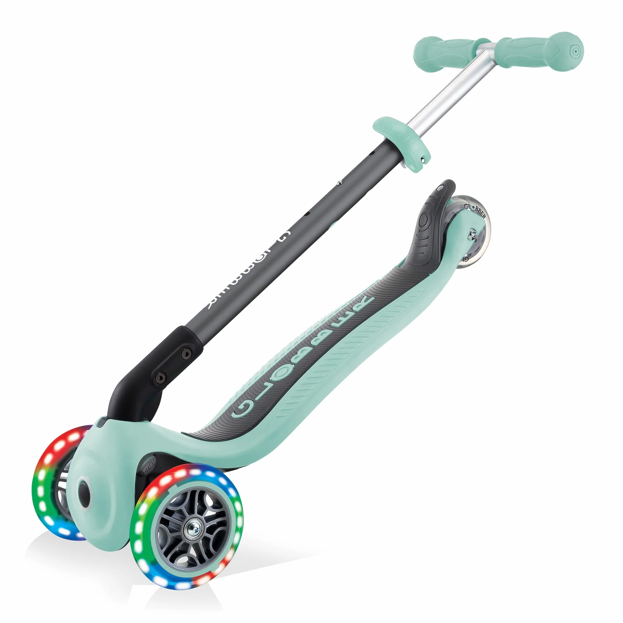 Globber - Primo Foldable Lights - składana hulajnoga, podświetlana z 3 kołami dla dzieci w wieku od 3 do 7 lat +, pastelowa zieleń