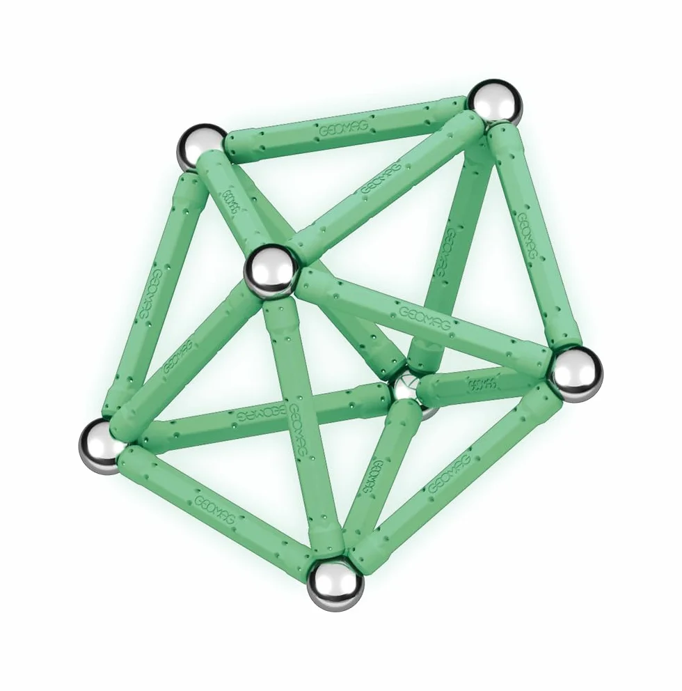 Geomag, Glow Recycled, fosforyzujące konstrukcje magnetyczne, fosforyzujące pręty magnetyczne, opakowanie 60 sztuk, 100% plastik z recyklingu, umiejętności kreatywne