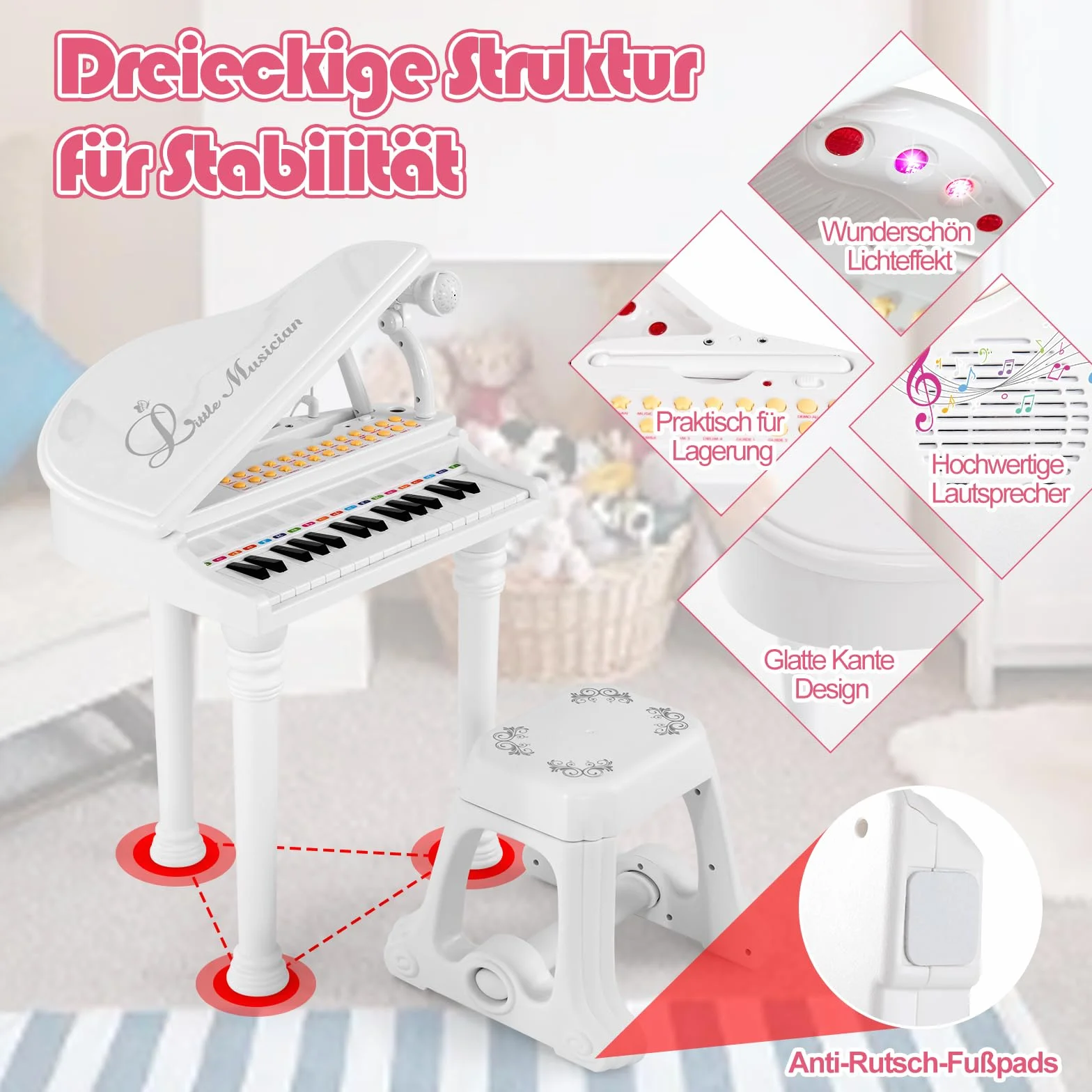 GOPLUS Klawiatura dziecięca z 31 przyciskami z taboretem, klawiatura fortepianowa z mikrofonem, światło LED i interfejs MP3, pianino elektryczne z 3 trybami nauczania, 22 demo, 4 rytmy, nagrywanie i