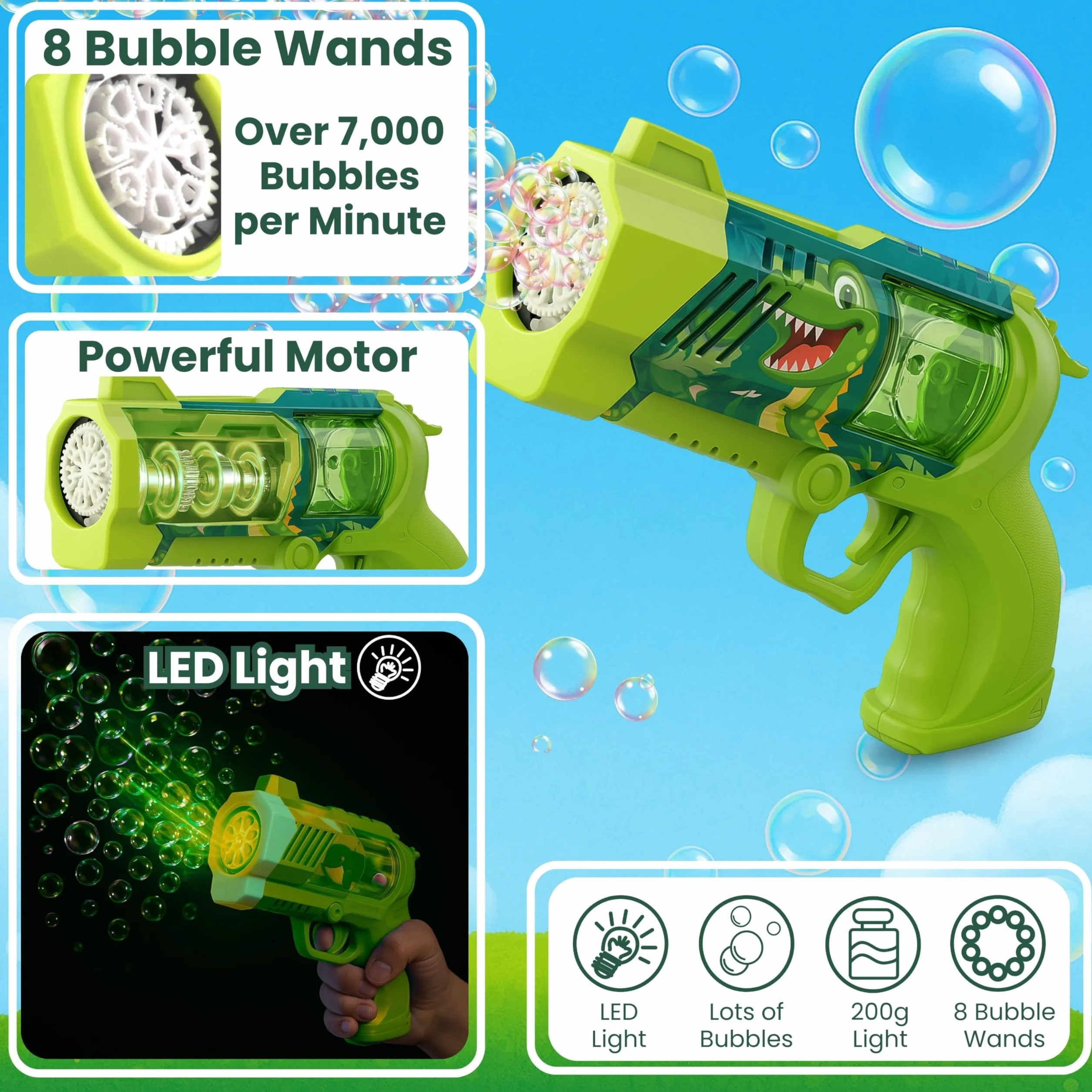 Blubbel Pistolet do Baniek, Maszyna z LED, Zbiornik 80ml, Armata Bańkowa, Powietrzna Bazooka, Prezent dla Dzieci, Na Wesele