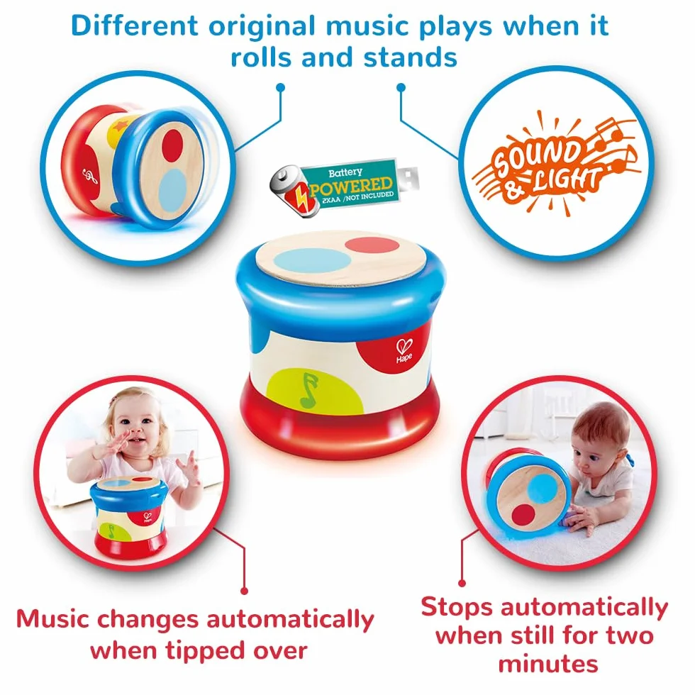 Hape Baby Drum Musical Instrument Toy for Toddlers Rhythm Sound Learning Battery Powered