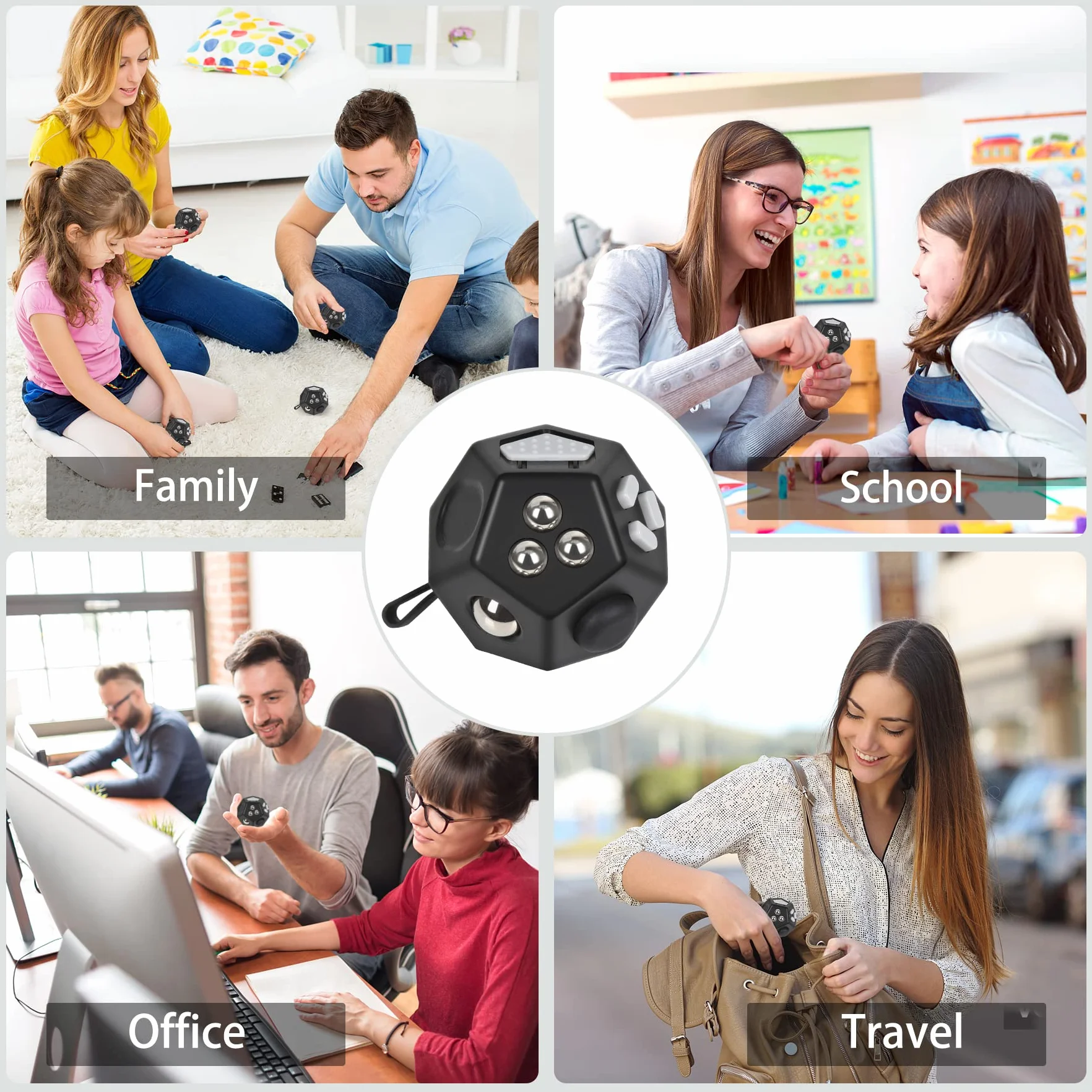 VCOSTORE Mini Fidget Stresswürfel Cube 12 stron, ulga w lęku, przenośna zabawka antystresowa dla dzieci i dorosłych z ADHD, ADD, OCD, autyzmem, czarna