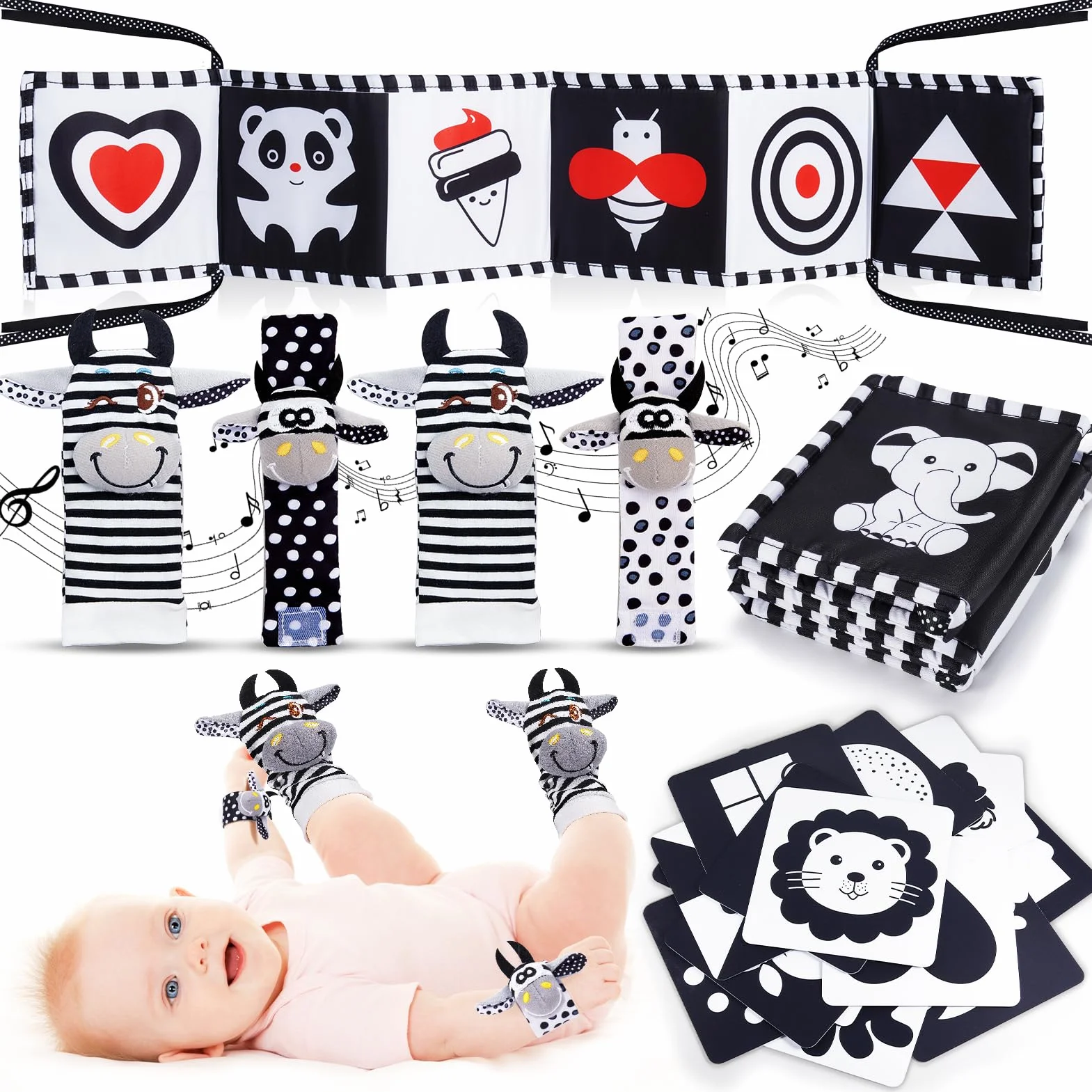 HappyKidsClub Kontrastowa książka dla niemowląt Czarno-biała zabawka, kontrastowe karty Zabawka dla niemowląt 0-12 miesięcy Grzechotka Skarpetki Dziecko 0-6 miesięcy
