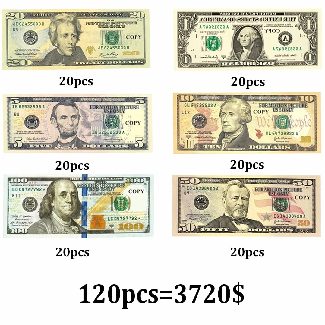 120 sztuk żart pieniądze, pieniądze do gry, na filmy, reklamę, gry, imprezy, zabawki dla dzieci, antyczne kopiowanie pieniędzy, 20 x 1$, 5$, 10 $, 20 $, 50 $, 100 $