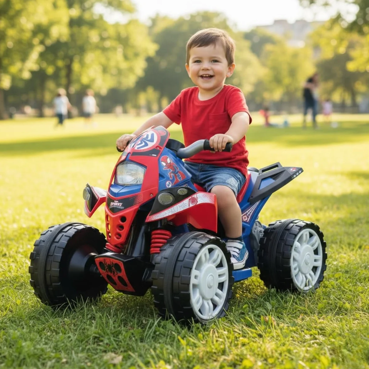 INJUSA - Quad elektryczny The Beast Spiderman, dla dzieci od 2 do 4 lat, akumulator 12 V, pedał przyspieszenia, bieg wsteczny i plastikowe koła, maksymalna prędkość 6 km/h, kolor niebieski
