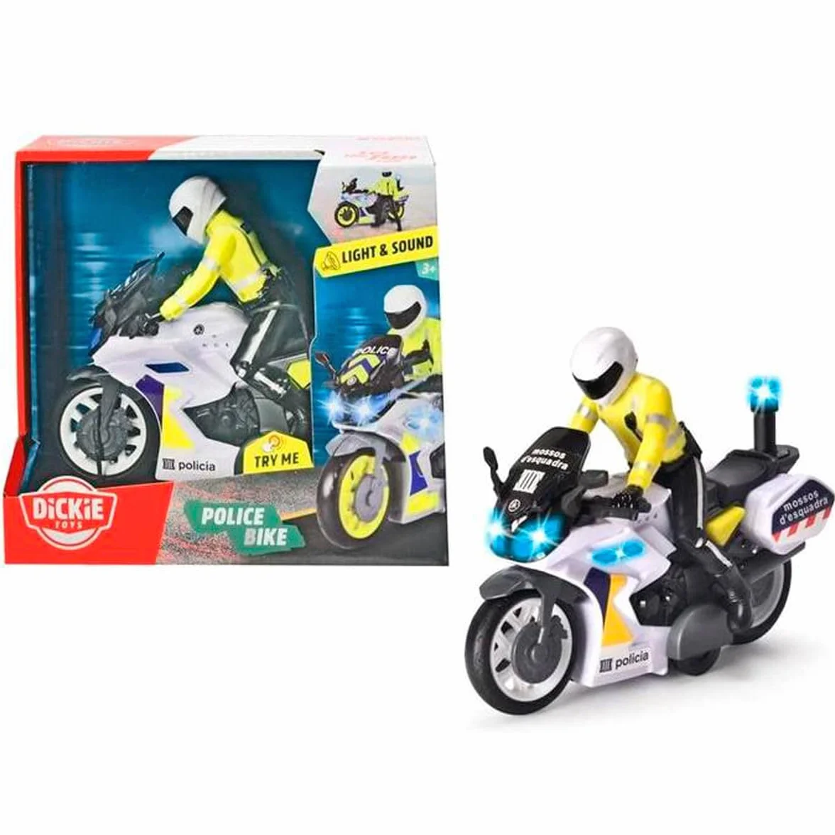 Dickie Toys Moto Mossos 17 cm z figurą, mechanizmem ciernym, światłem i dźwiękiem, od 3 lat (203712018SIE)