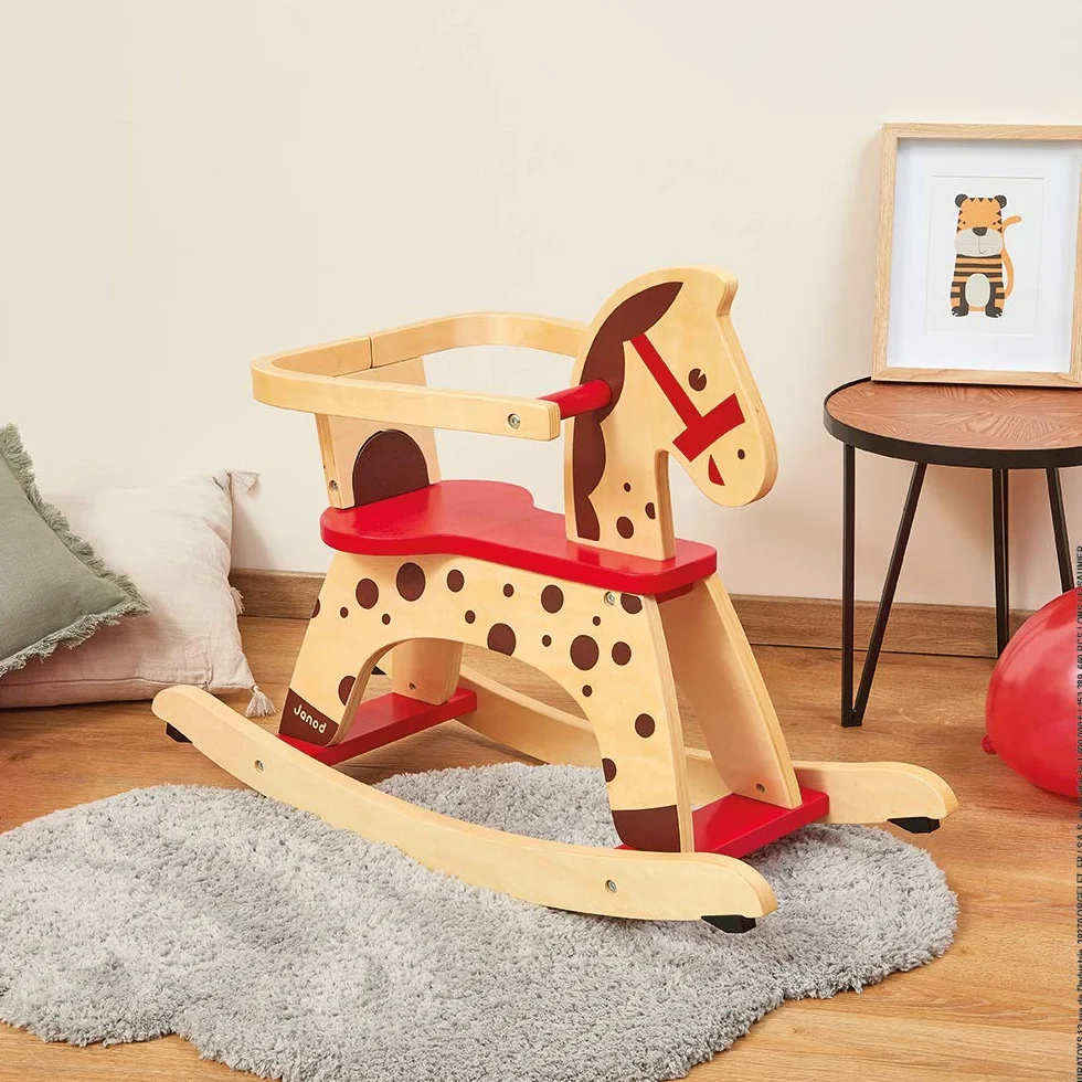 Janod - Caramel Wooden Rocking Horse - Toddler Toy - Learning Balance - For children from the Age of 1, J05984, Brown and Red