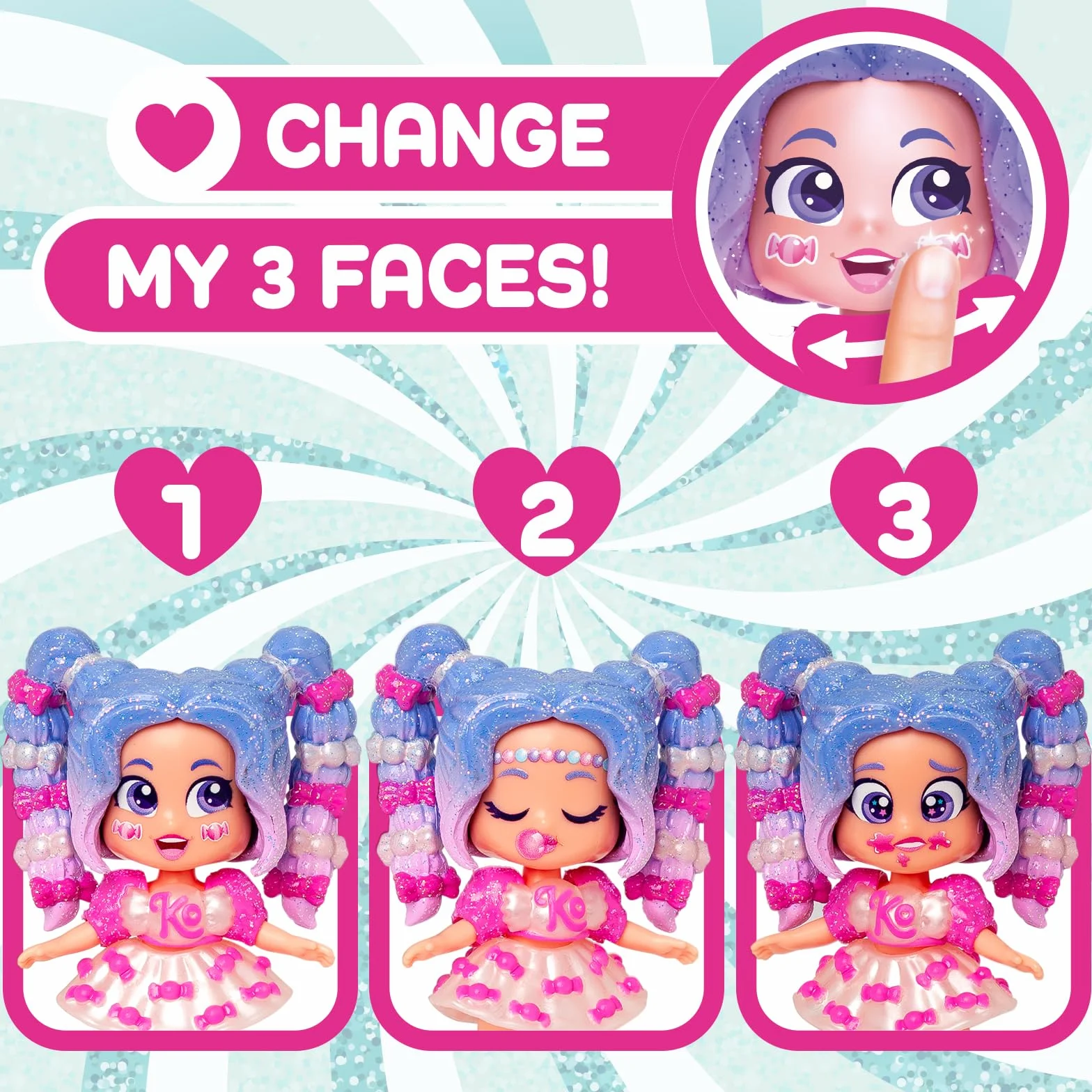 KOOKYLOOS Candy Land Series SWEET BUBBLE – laleczka do kolekcjonowania z serii Candy Land, zawartość: 1 lalka, zestaw ubrań i butów, akcesorium oraz zwierzątko,1 lalka ma 3 różne buzie!