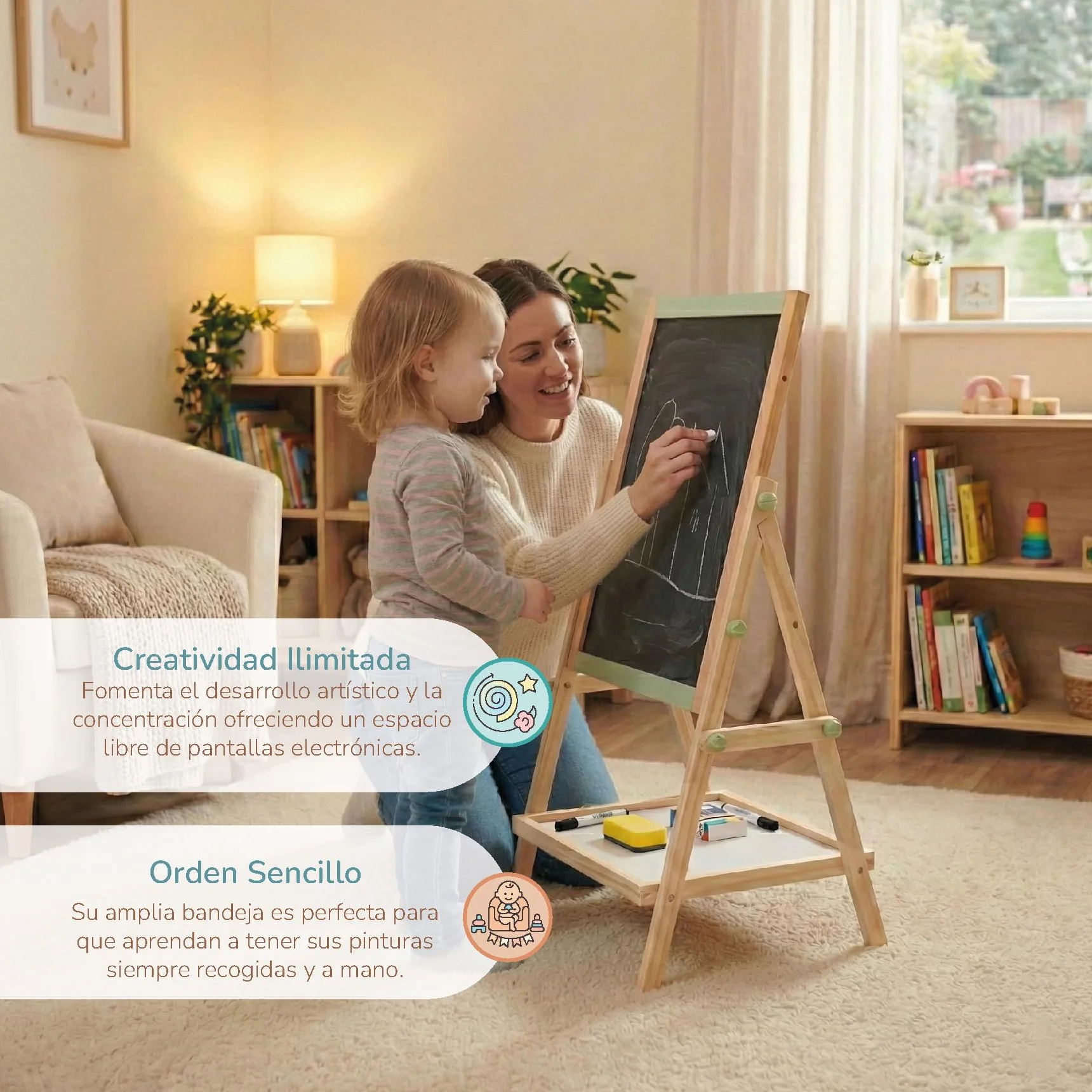 BUDDY BABY Kreatywna tablica dla dzieci Montessori - dwustronna tablica ze sztalugą - w zestawie pudełko na kredę, 2 gumki i 1 długopis - wymiary: 65 x 37 x 35