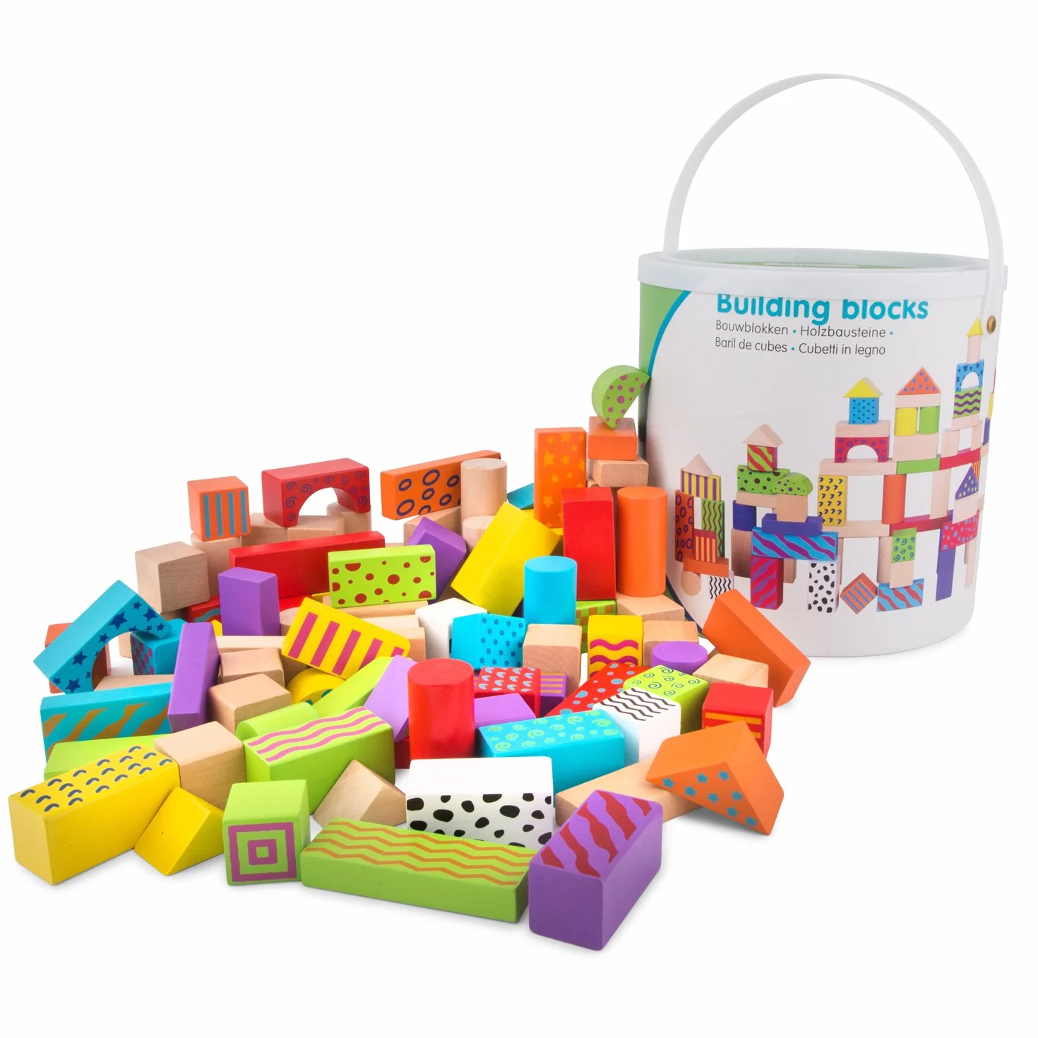 New Classic Toys 10813 drewniane klocki fantasy w bębnie edukacyjna zabawka percepcyjna dla dzieci w wieku przedszkolnym chłopcy dziewczęta 100 sztuk kolorowe