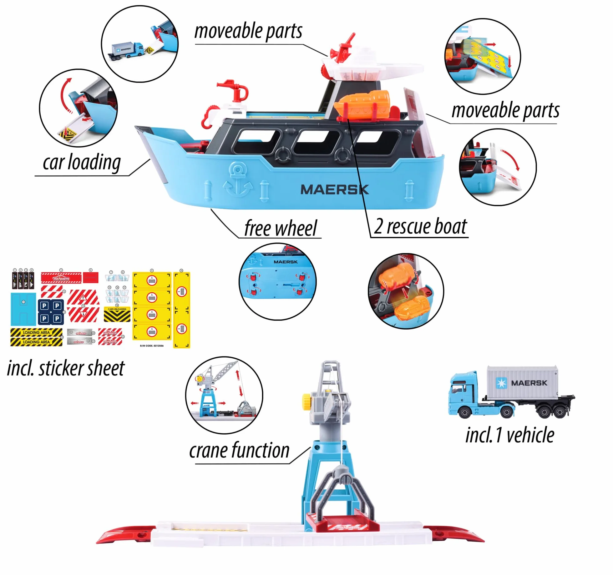 Majorette 212050039 Maersk zestaw łódź 52cm, stacja portowa, ruchomy dźwig z platformą ładunkową, 2 łodzie ratownicze, 1 metalowy pojazd oraz 1 kontener