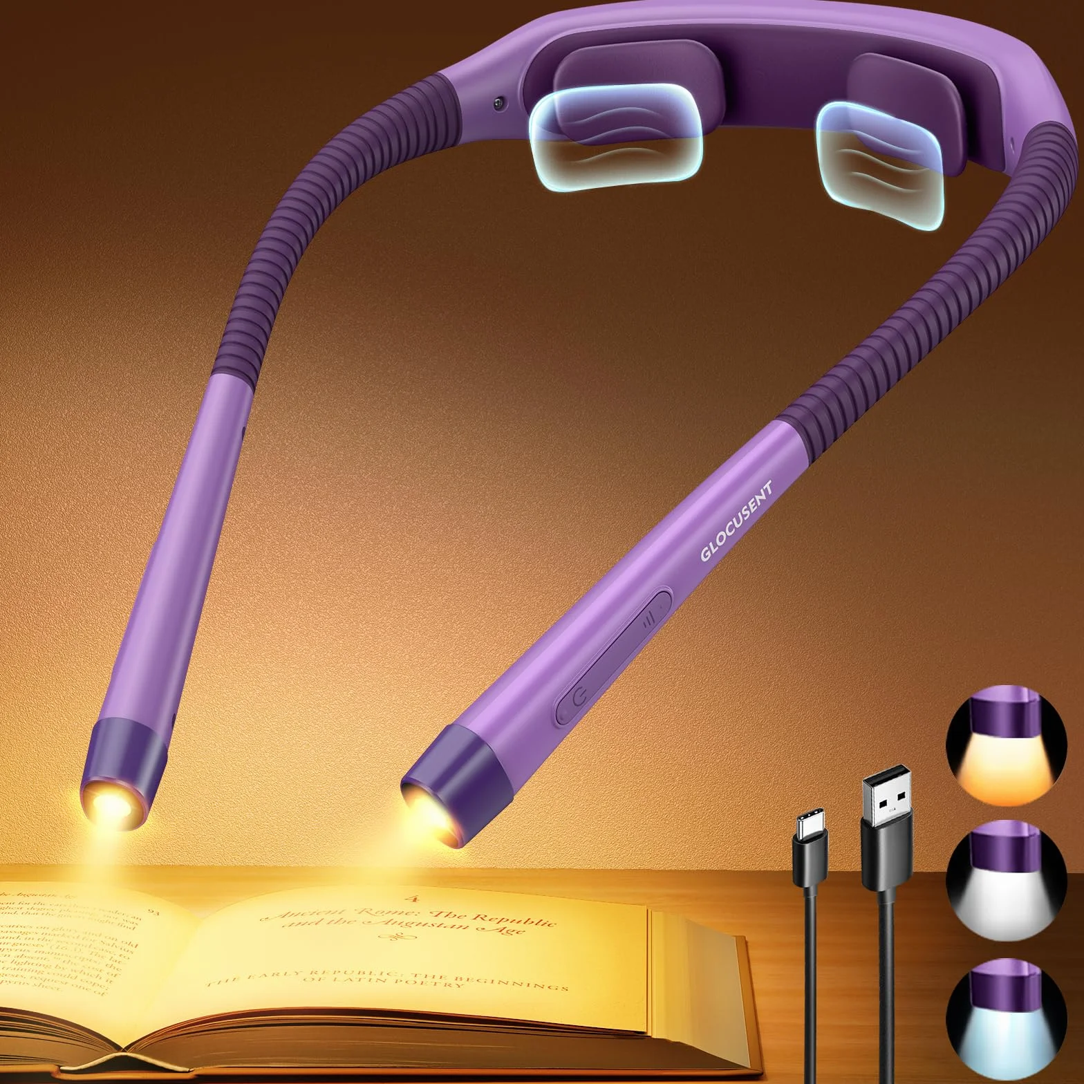 Glocusent Lampka do czytania, 1600 mAh, 100 godzin, 3 kolory i 5 jasności, lampka na szyję z timerami, pomoc w zasypianiu i blokada podróżna