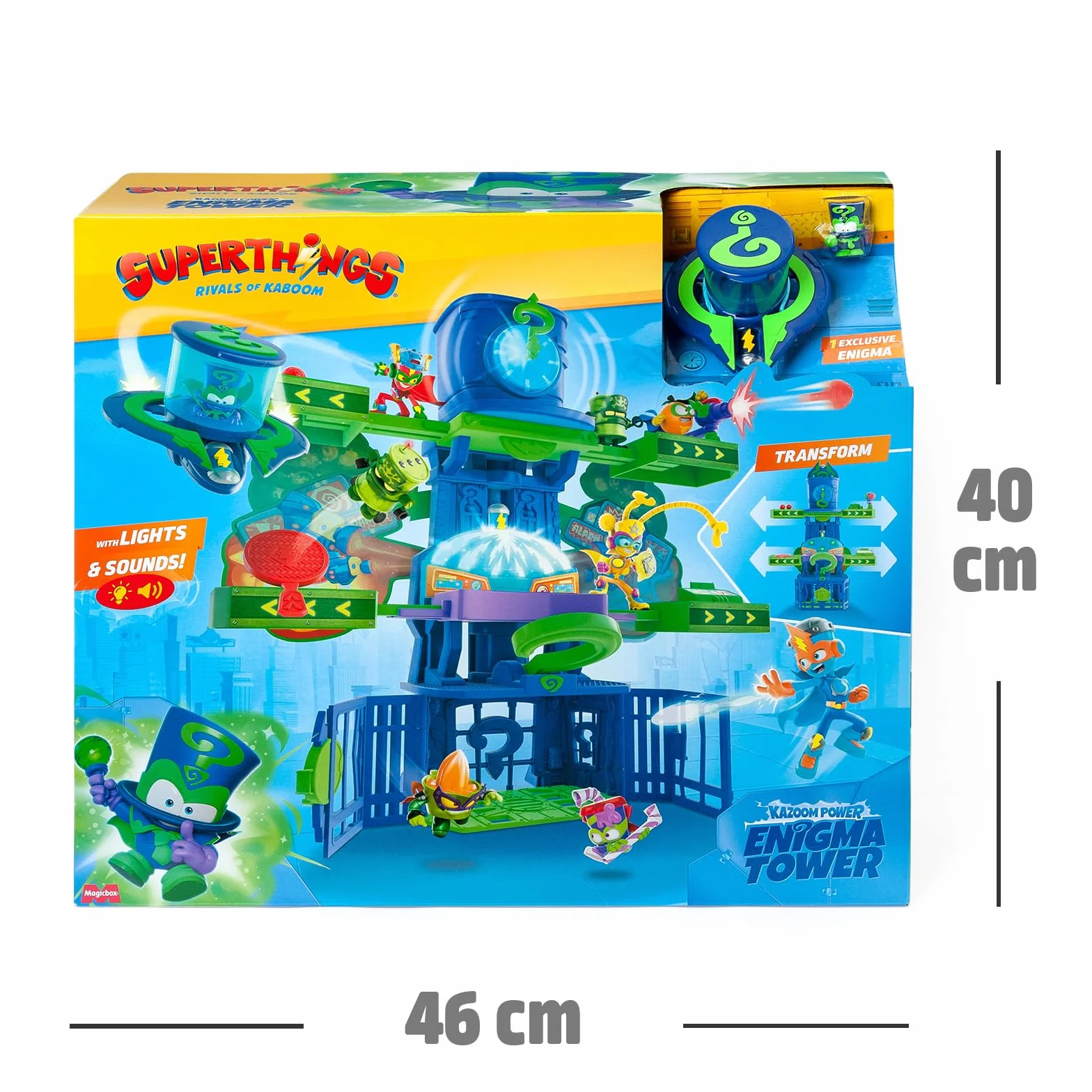 SUPERTHINGS KAZOOM POWER -Playset Enigma Tower.Wieża Enigmy z serialu telewizyjnego Klanu "Kazoom Power".Zawiera 1 Wieża,1 Ekskluzywna Enigma,1 Samolot,1 więzienie,1 katapulta,1 wyzwalacz, pociski
