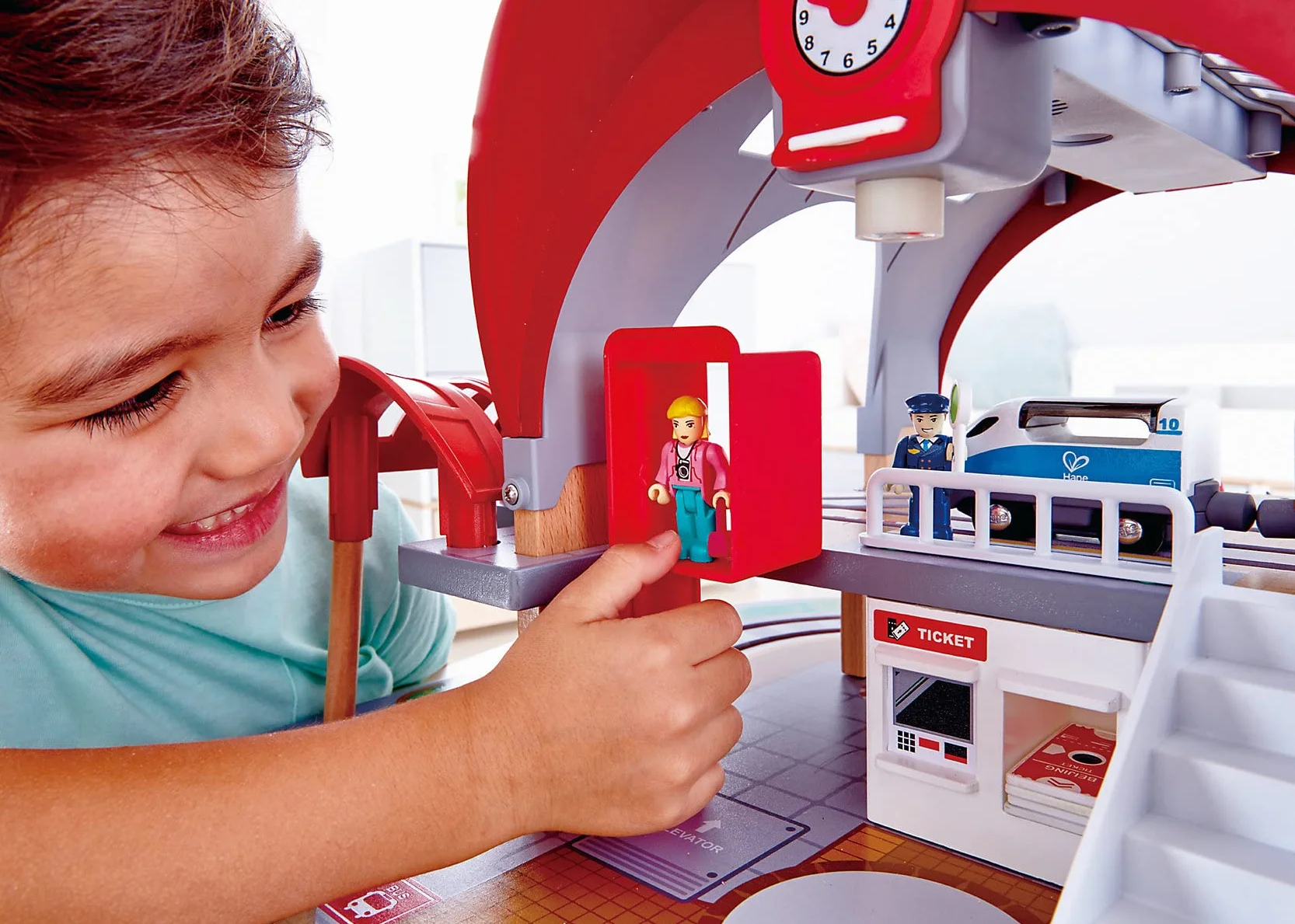 Hape Grand City Station, Wooden Pretend Play Railway Set with Projector and Recorder, For Kids