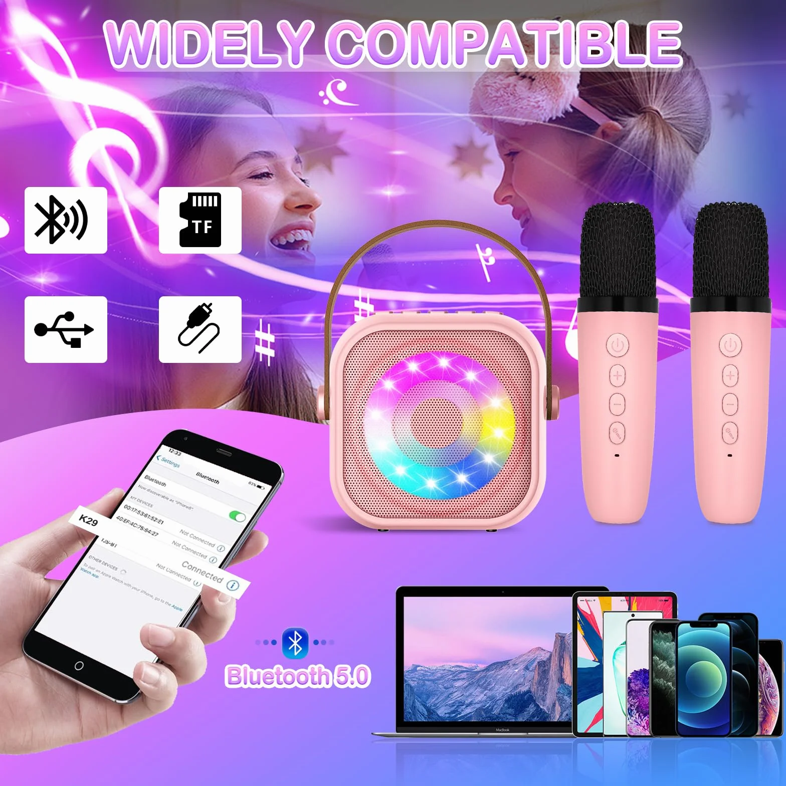 Przenośna maszyna do karaoke Bluetooth z 2 bezprzewodowymi mikrofonami, LED, dla dzieci 3-18 lat