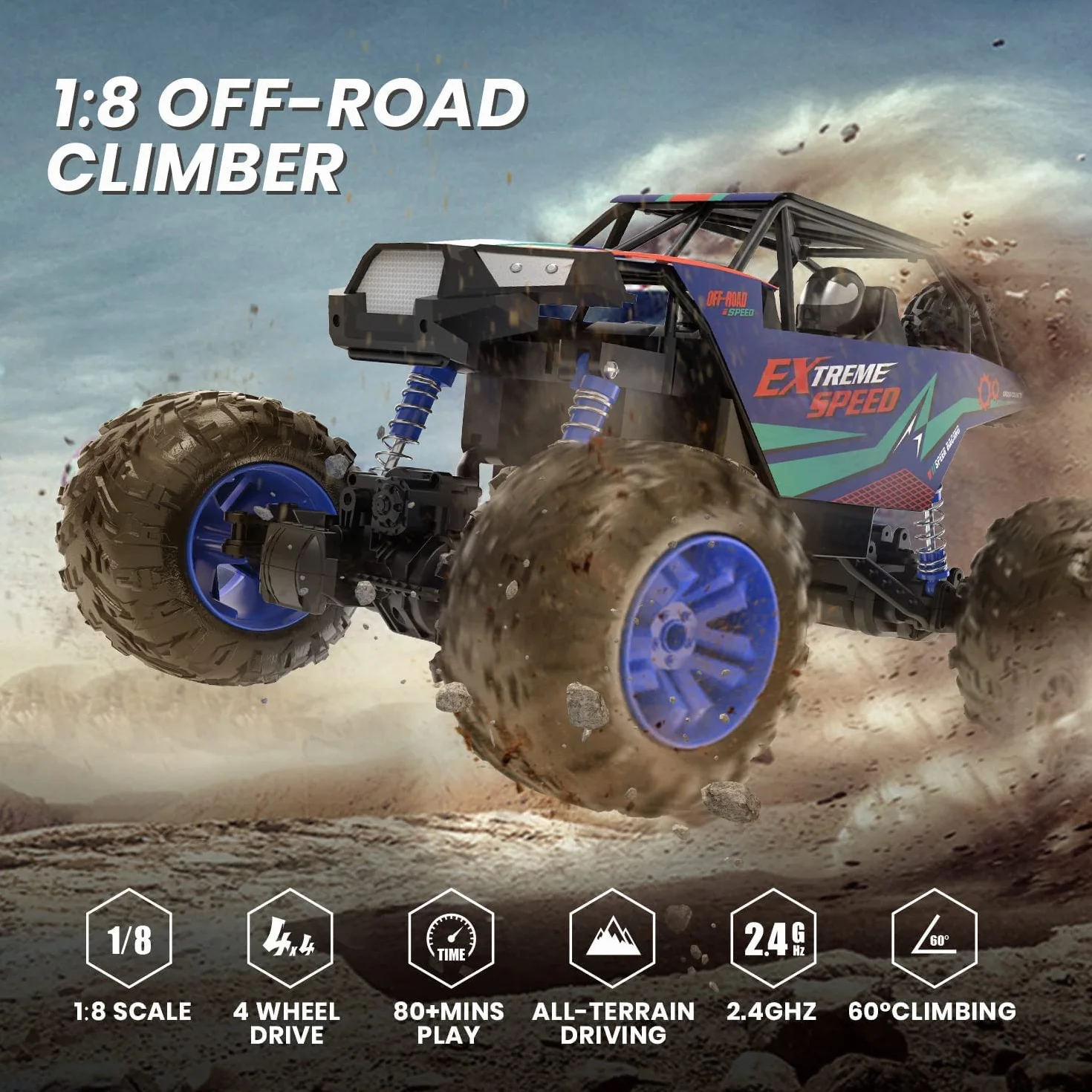 DEERC Duże samochody zdalnie sterowane 1:8 Off-Road Monster Truck z realistycznym dźwiękiem, 2,4 GHz 4WD Rock Crawler zabawka na każdy teren, 2 baterie na 80 minut zabawy