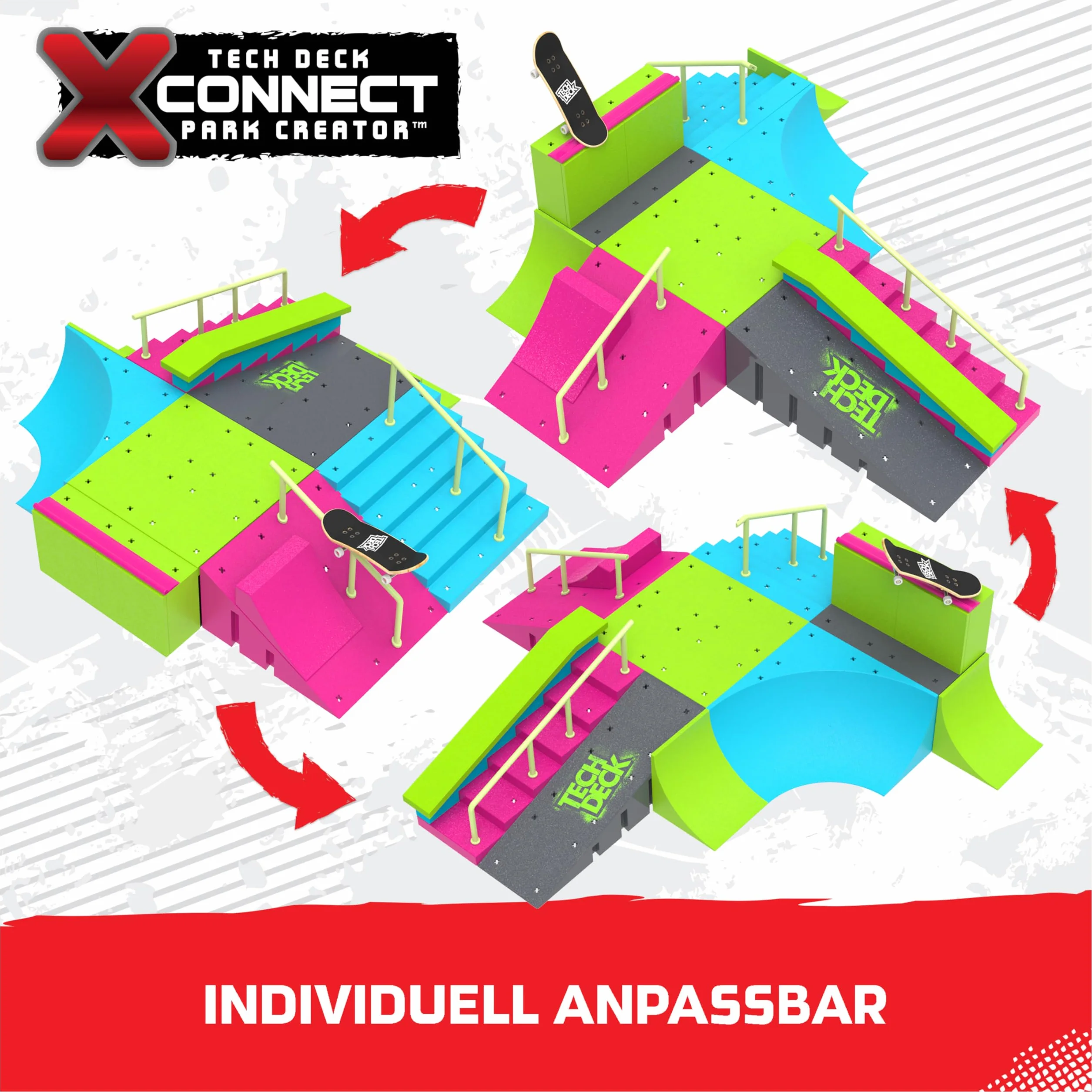 Tech Deck, Neon Mega Park X-Connect Creator, Glow-In-The-Dark zestaw ramp z dwoma palcami, zabawka dla dzieci w wieku 6 lat i więcej