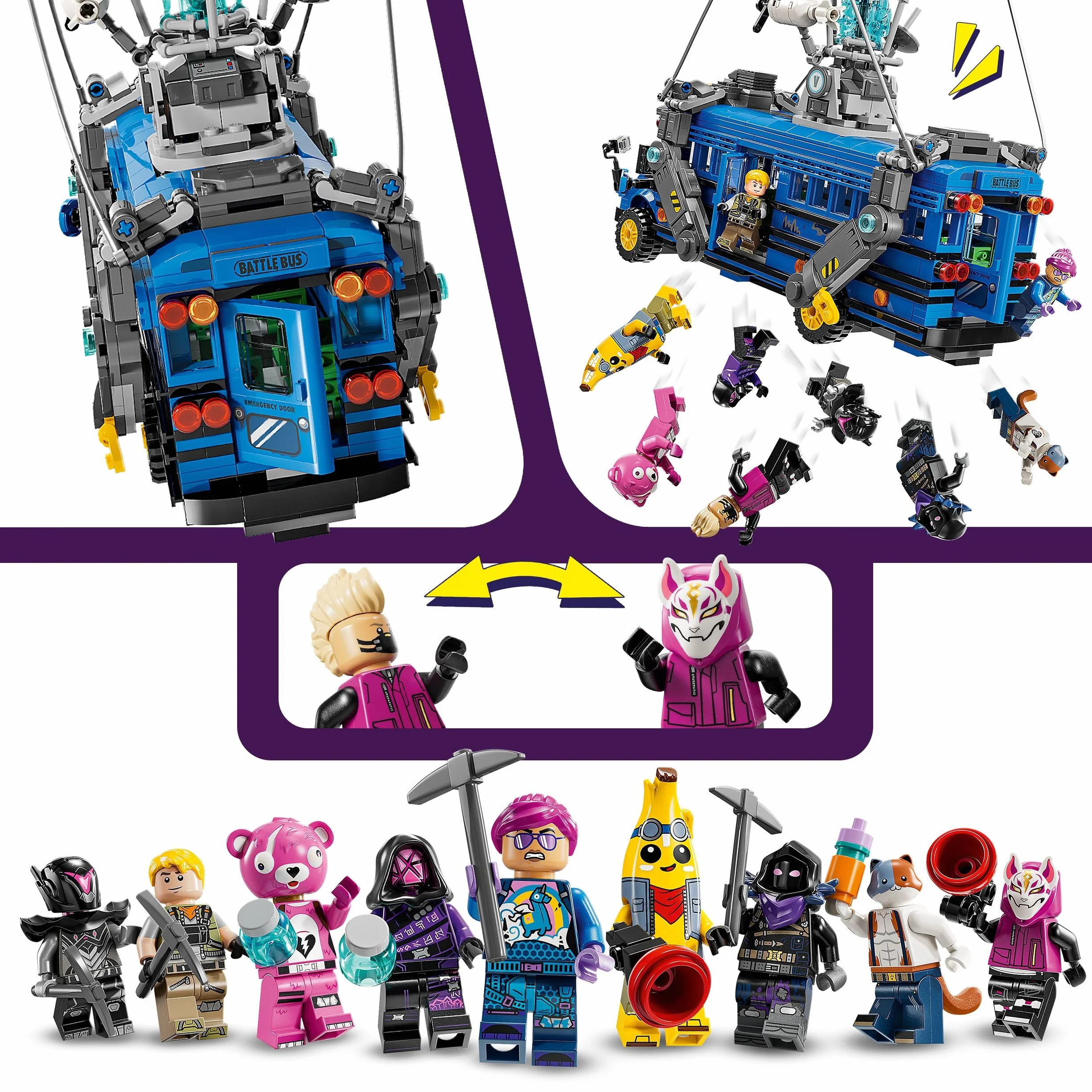 LEGO Fortnite Bus Bojowy, Kolekcjonerska Zabawka dla 10-latka do Zbudowania z 9 Minifigurkami, Zestaw z Pojazdem dla Chłopca i Dziewczynki, Pomysł na Prezent dla Gracza, 77073