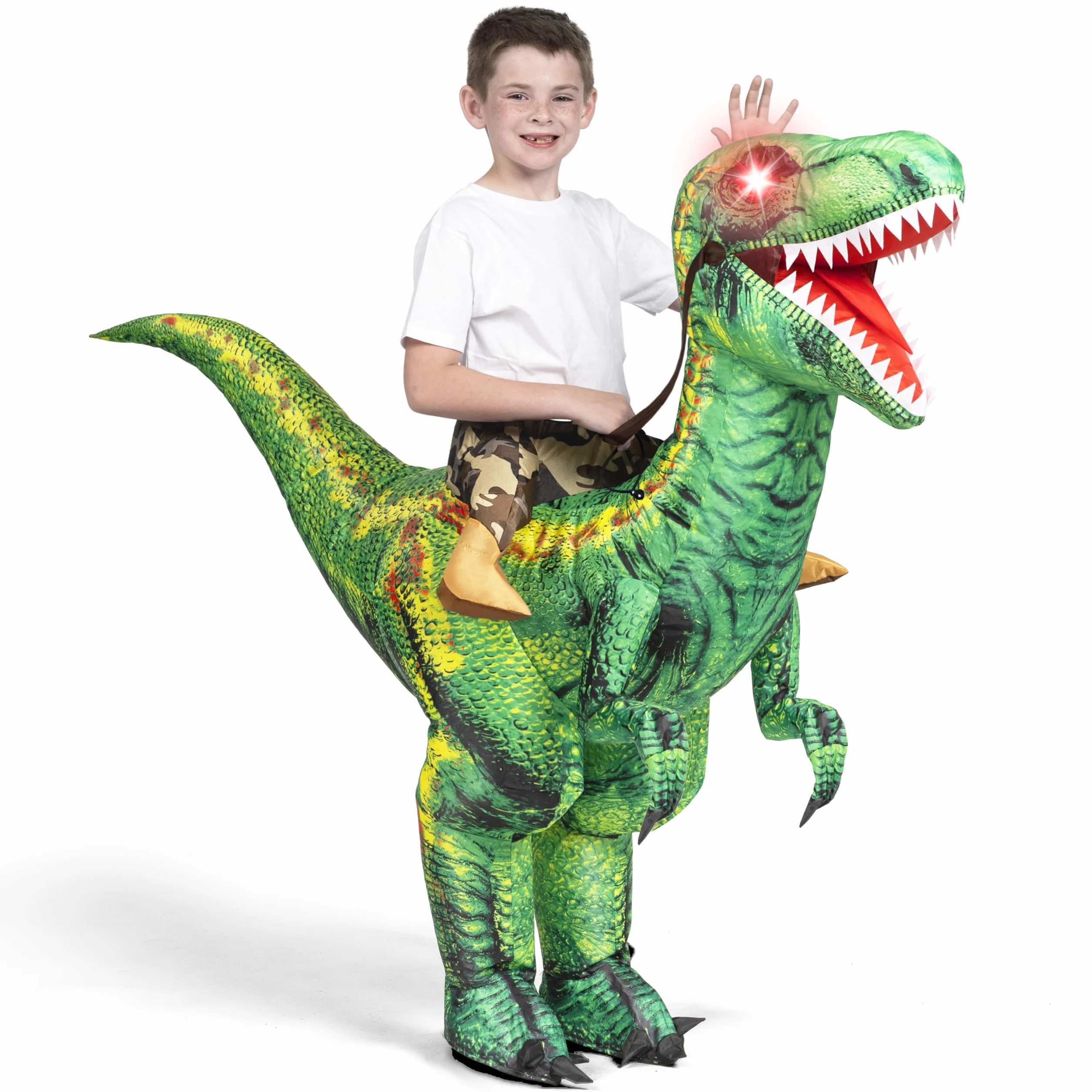 Spooktacular Creations Nadmuchiwany kostium dla dzieci, Halloween Raptor, LED Eyes Ride Raptor Dinozaur wysadzany na imprezę halloweenową