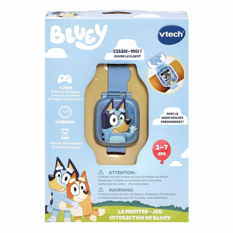 VTech - Bluey, interaktywny zegarek do gier, zegarek dla dzieci z klapką z anime, miękki pasek, 8 tarczy, 4 gry edukacyjne, prezent dla dzieci w wieku od 3 lat do 7 lat - zawartość w języku francuskim