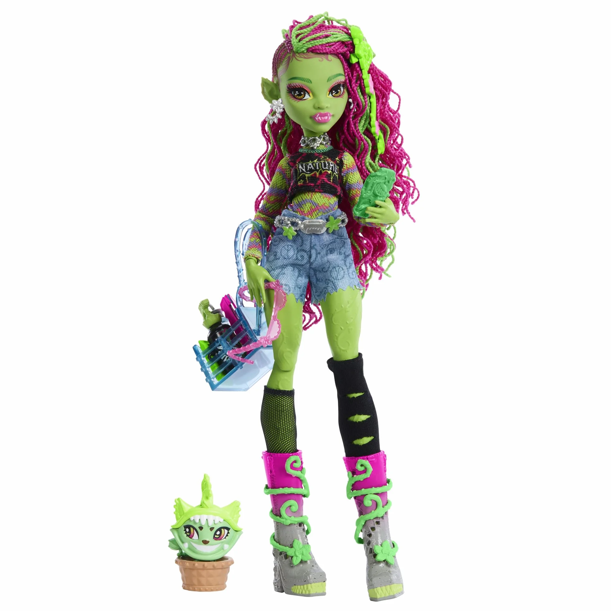 Monster High Venus McFlytrap Lalka + kotek Chewlian oraz akcesoria, takie jak plecak, notes i „przekąski”, HRP81
