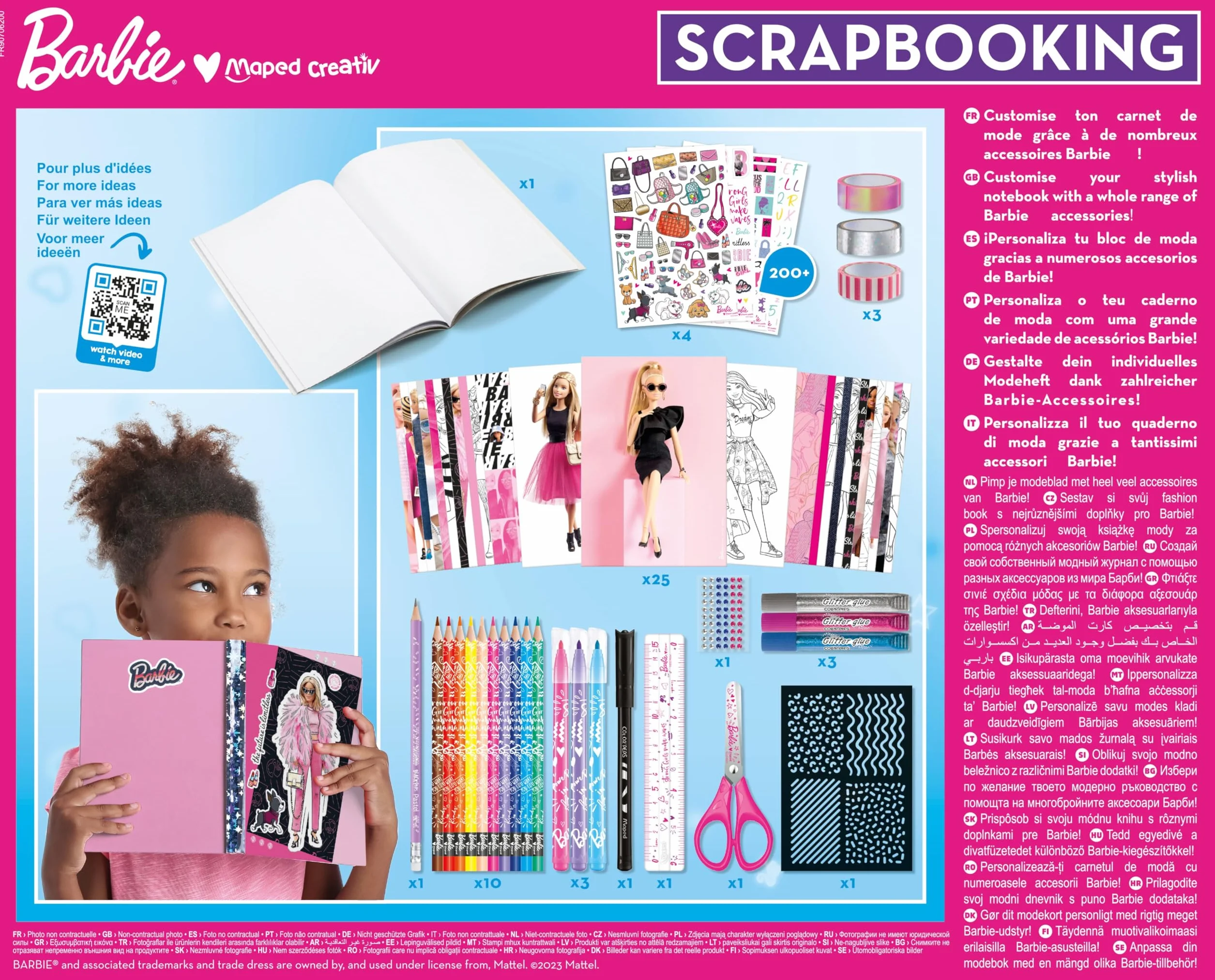 Maped Creativ Barbie Scrapbooking dla dzieci, zestaw 55 akcesoriów, arkusze i notatnik do personalizacji, od 7 lat