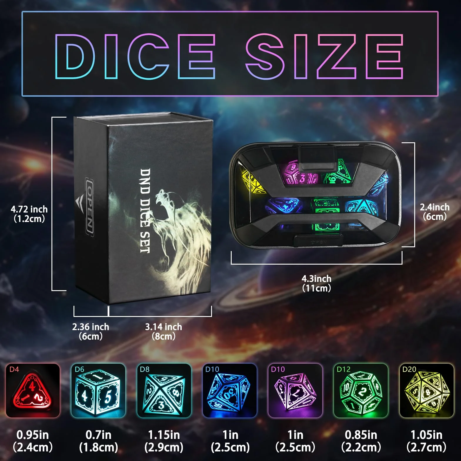 Bezprzewodowe świecące kości D&D RGB do Dungeons and Dragons, fajne kości LED DND z ładowarką, ładowalne, 7 kolorów, wielościenne kości do odgrywania ról, prezenty DND, RPG, (Astral Shard Black)