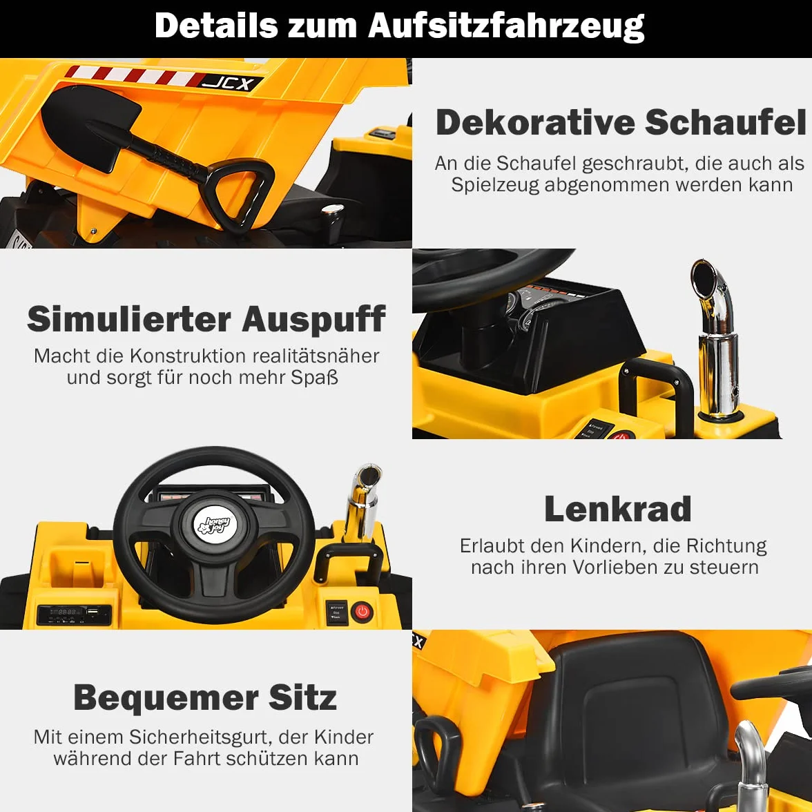 COSTWAY Traktor dziecięcy 12 V z elektryczną tylną szuflą, 3-biegowy traktor z pilotem zdalnego sterowania 2,4 G, oświetleniem, muzyką i radiem, traktor elektryczny 3-5 km/h dla dzieci w wieku 3-8 lat