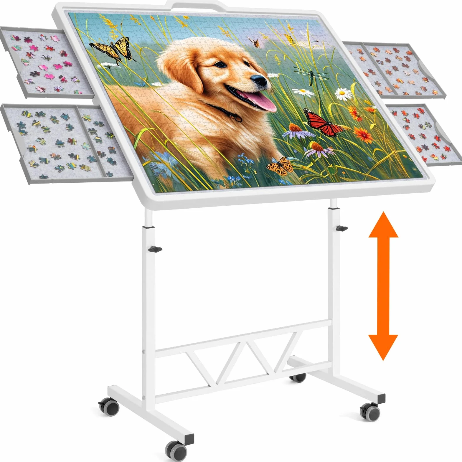 Lifewit 1500 ruchomych puzzli z 4 szufladami / pokrywa, 88,9 x 68,5 cm, deska do puzzli z uchylnymi uchwytami, filcowe półki, stół puzzle z regulacją wysokości, z kółkami blokującymi, biały