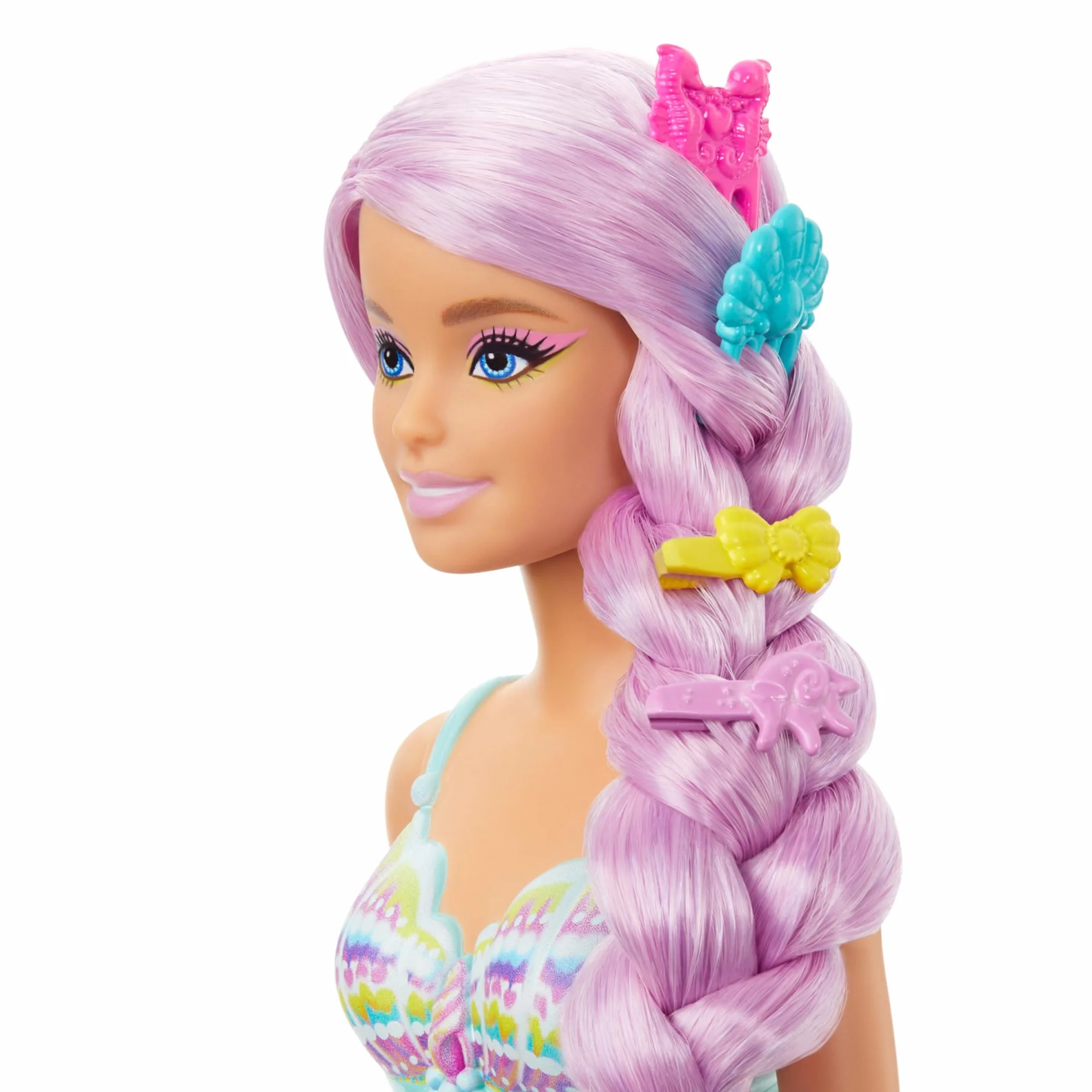 Barbie Syrenka Lalka Długie włosy (pastelowy róż, prawie 18 cm długości) + kolorowe akcesoria do stylizacji, takie jak opaska i spinki do włosów, HRR00
