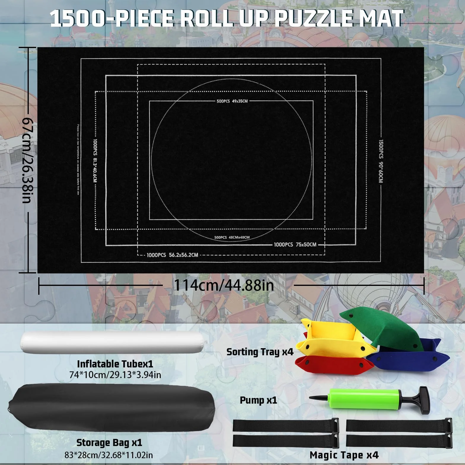 Mata do puzzli, 500, 1000, 1500 elementów, podkładka do puzzli, do 1500 puzzli, mata rolowana z 4 filcowymi miseczkami do sortowania, do przechowywania puzzli