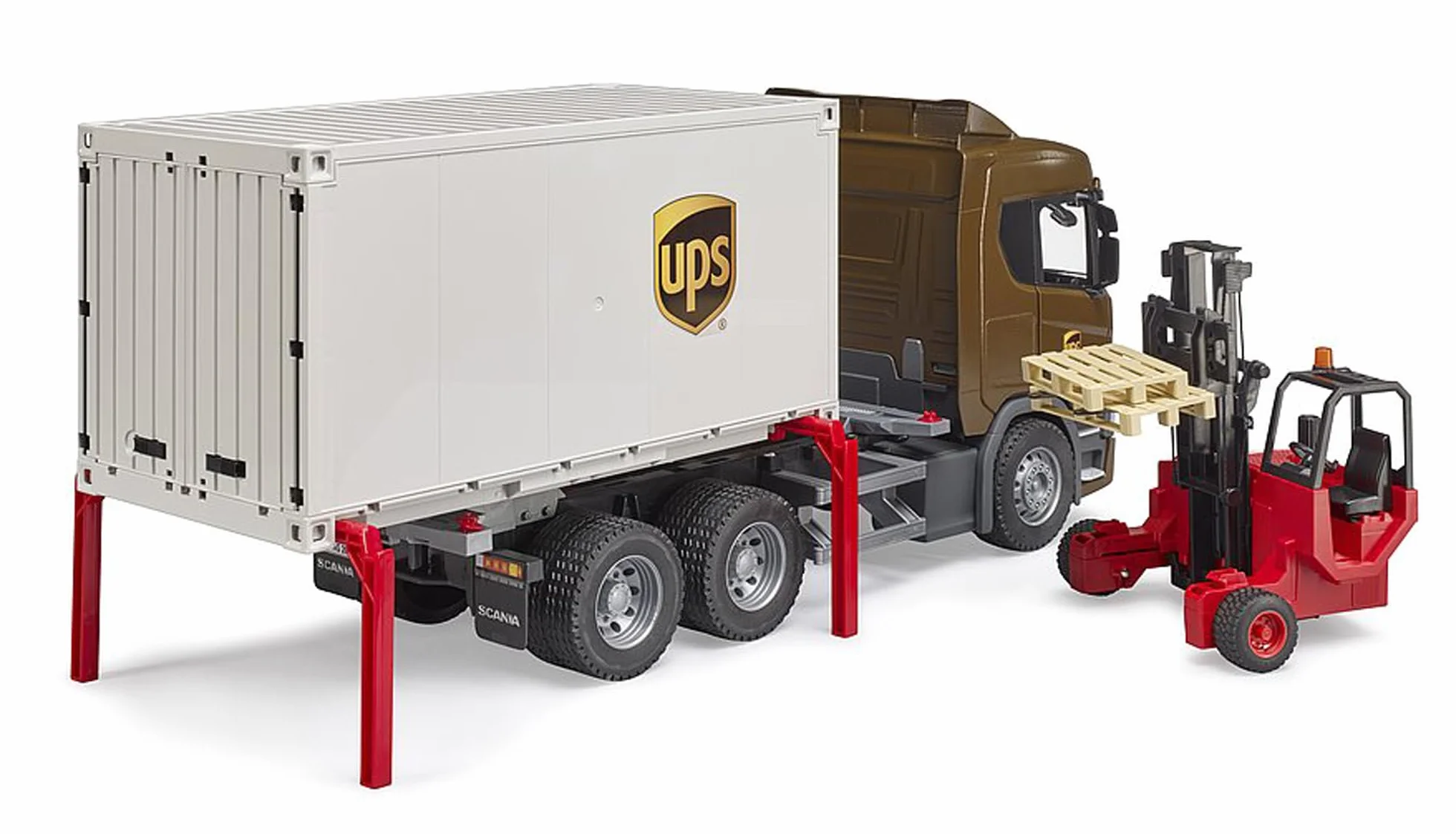 bruder 03582 - Ci|arówka logistyczna Scania Super 560R UPS z zamontowanym wózkiem widBowym, pojazdy, dostawa paczek, transport, wózek widBowy, transporter, zabawki od 4 lat