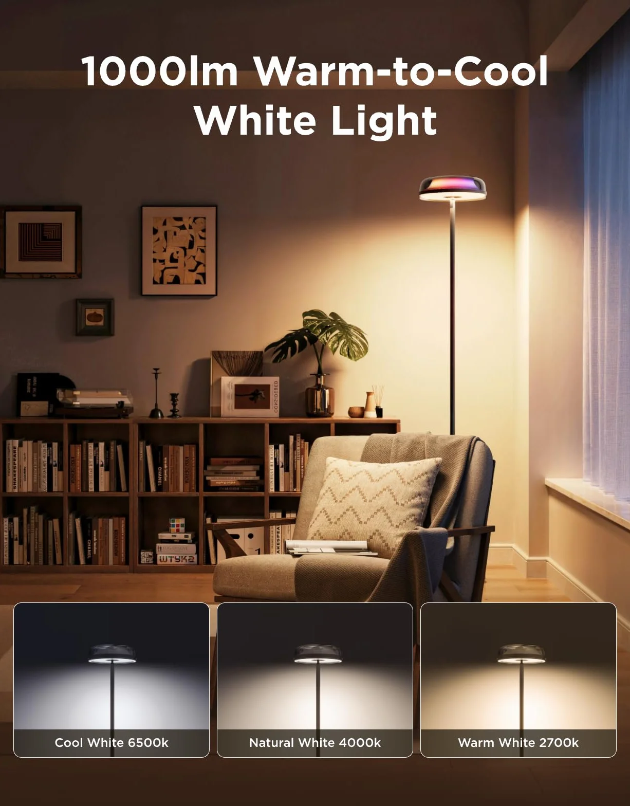 Govee Uplighter Lampy podłogowe niezależne od trzech stref, RGBIC ciepłe i zimne białe falowane oświetlenie lampa działa z Matter i Alexa, 80+ trybów sceny, 1000 lm, 2700-6500 K, idealna do salonu