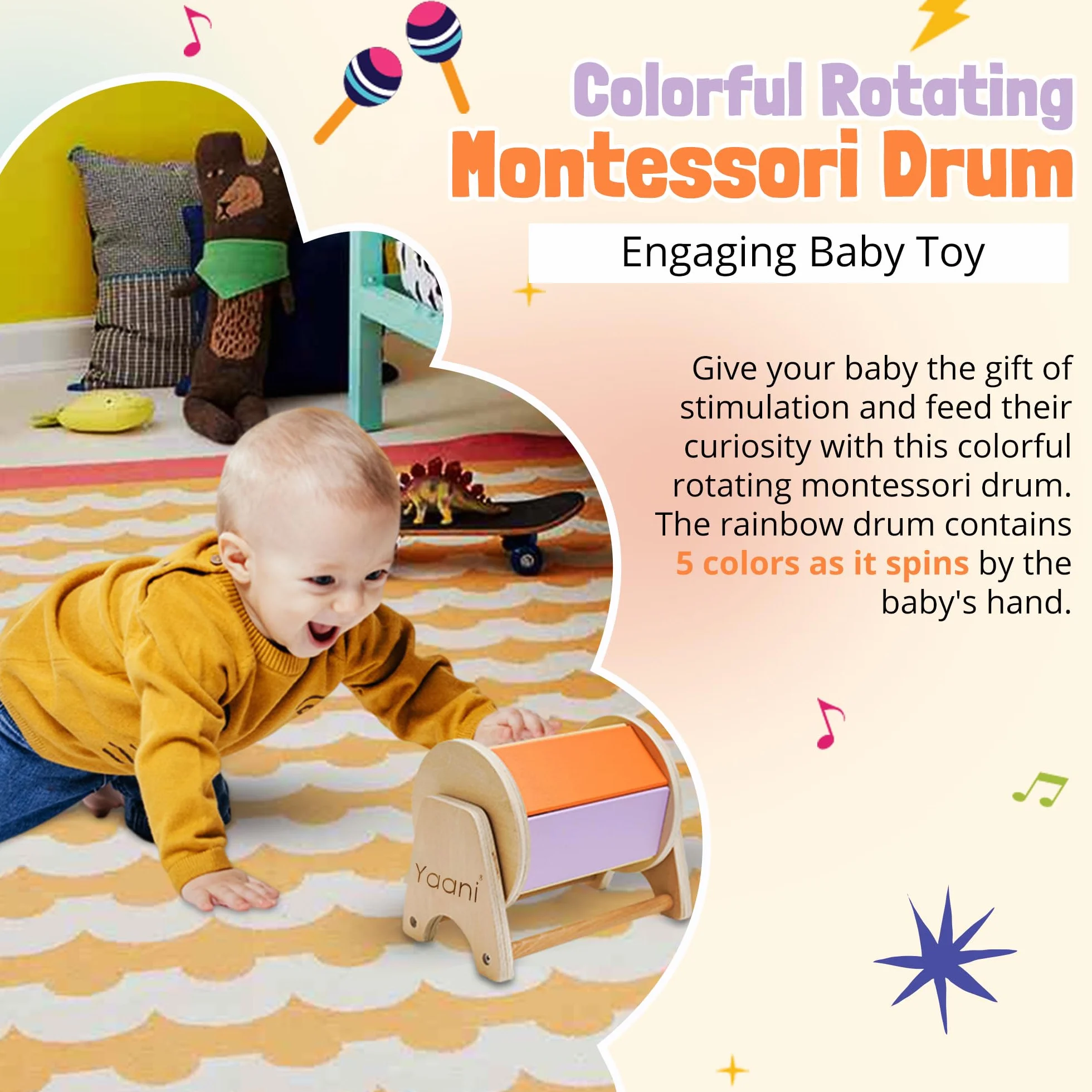 YAANI Montessori Spinning Drum Montessori zabawka dla niemowląt w wieku 6-12 miesięcy, 1 rok, małe dzieci, najlepszy pomysł na prezent