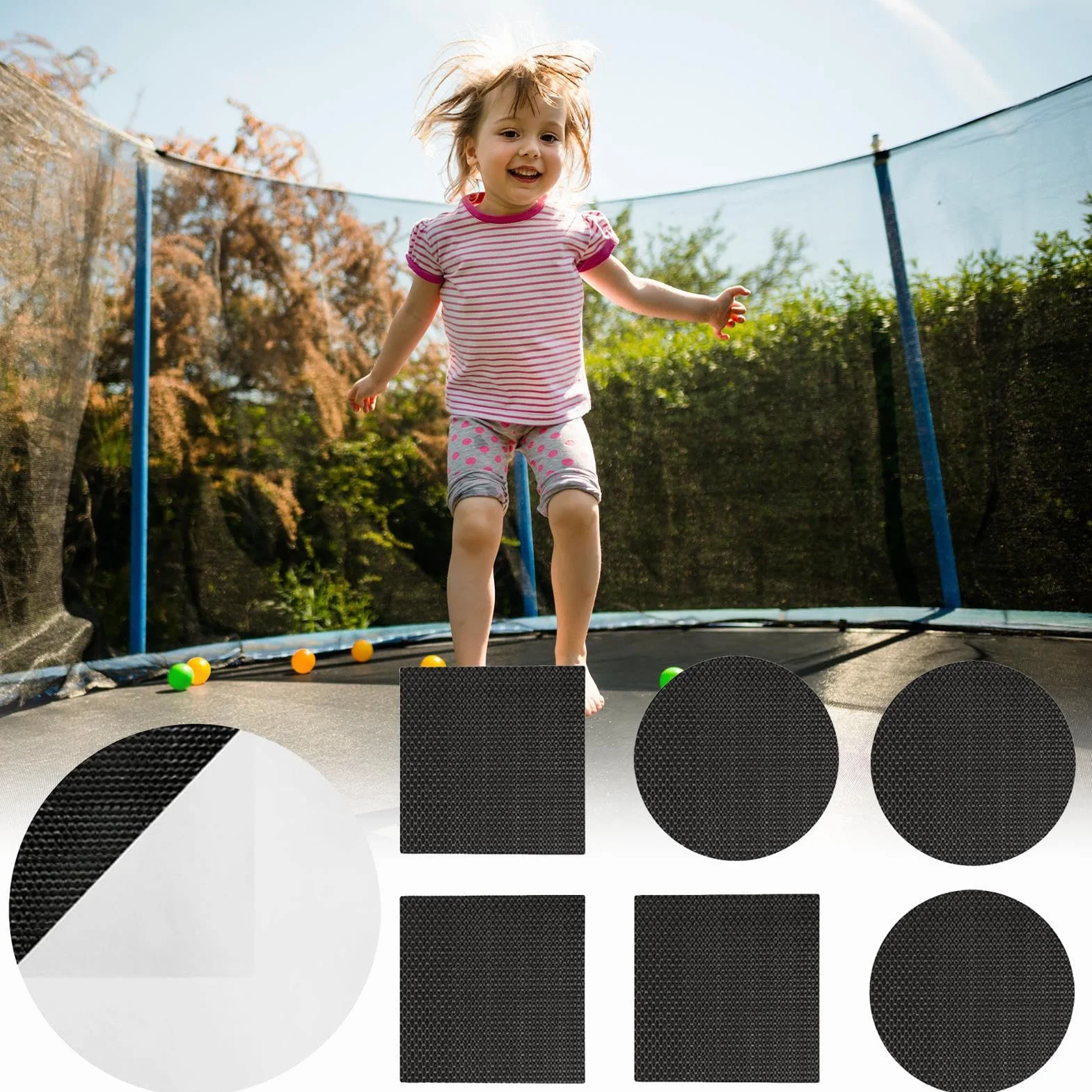 Zestaw łatek do trampoliny, otwory samoprzylepne, akcesoria sportowe, okrągłe, kwadratowe, prostokątne, łatwe w użyciu, wytrzymałe rozwiązanie naprawcze do trampoliny