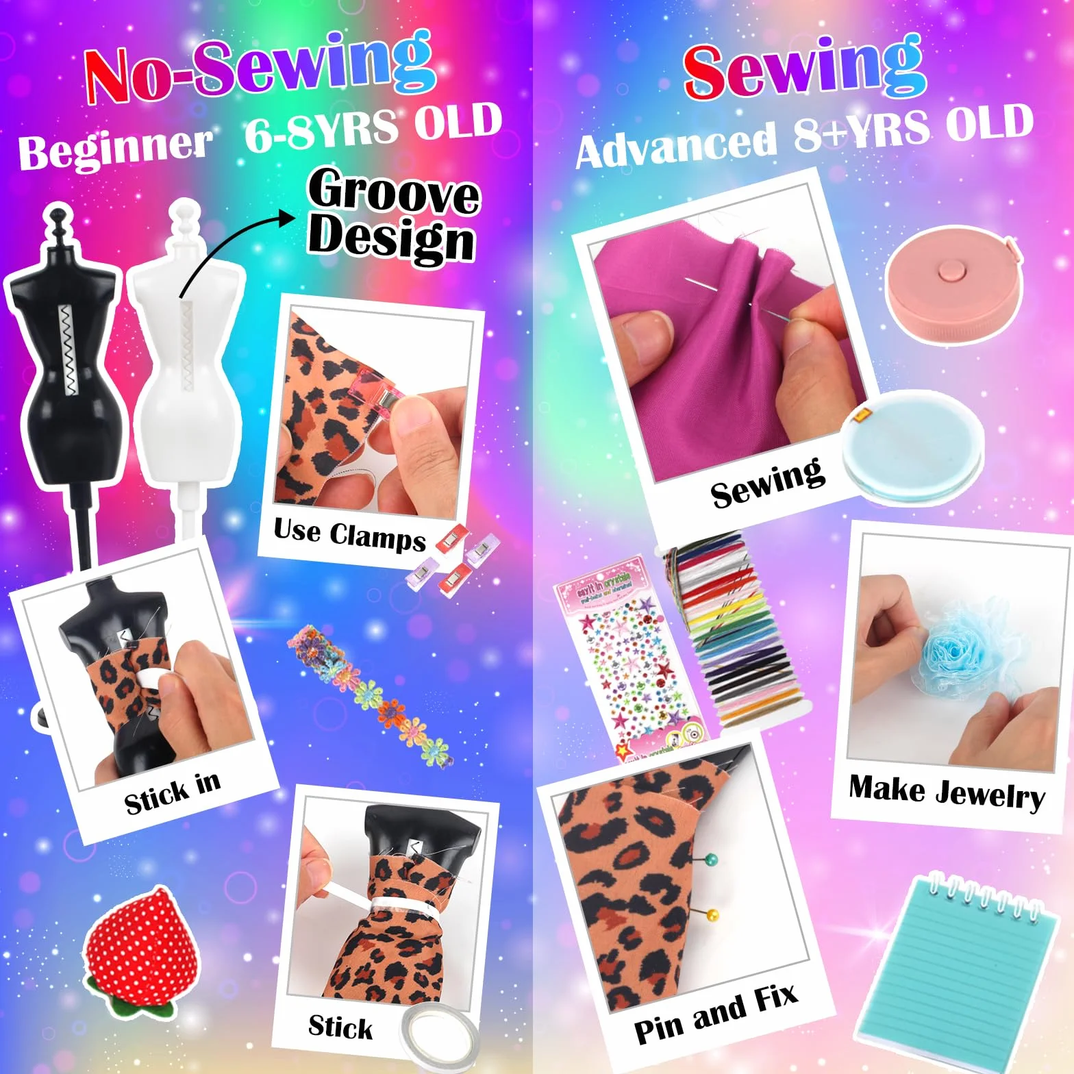 YOCOLE 1000+ zestaw do majsterkowania dla dzieci, modny design, zestaw do szycia z 5 manekinami, zestaw "zrób to sam" z nożyczkami do materiału, manekin, rzemiosło artystyczne dla dziewczynek 8, 9, 10