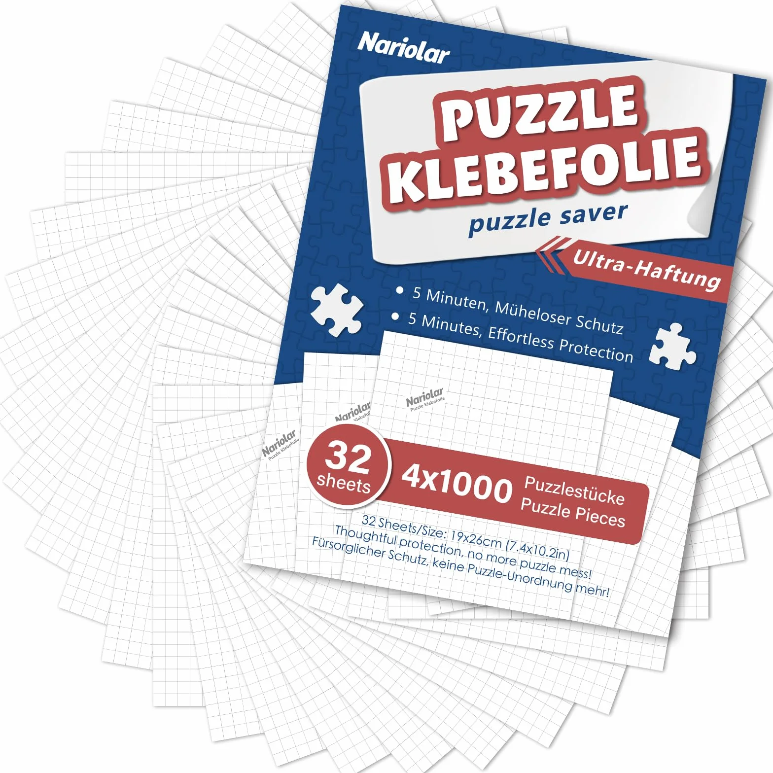 Nariolar Ultra-przyczepna folia samoprzylepna, 32 super klej do puzzli, do otrzymania 4 x 1000 elementów i do ochrony puzzli w ciągu zaledwie kilku minut