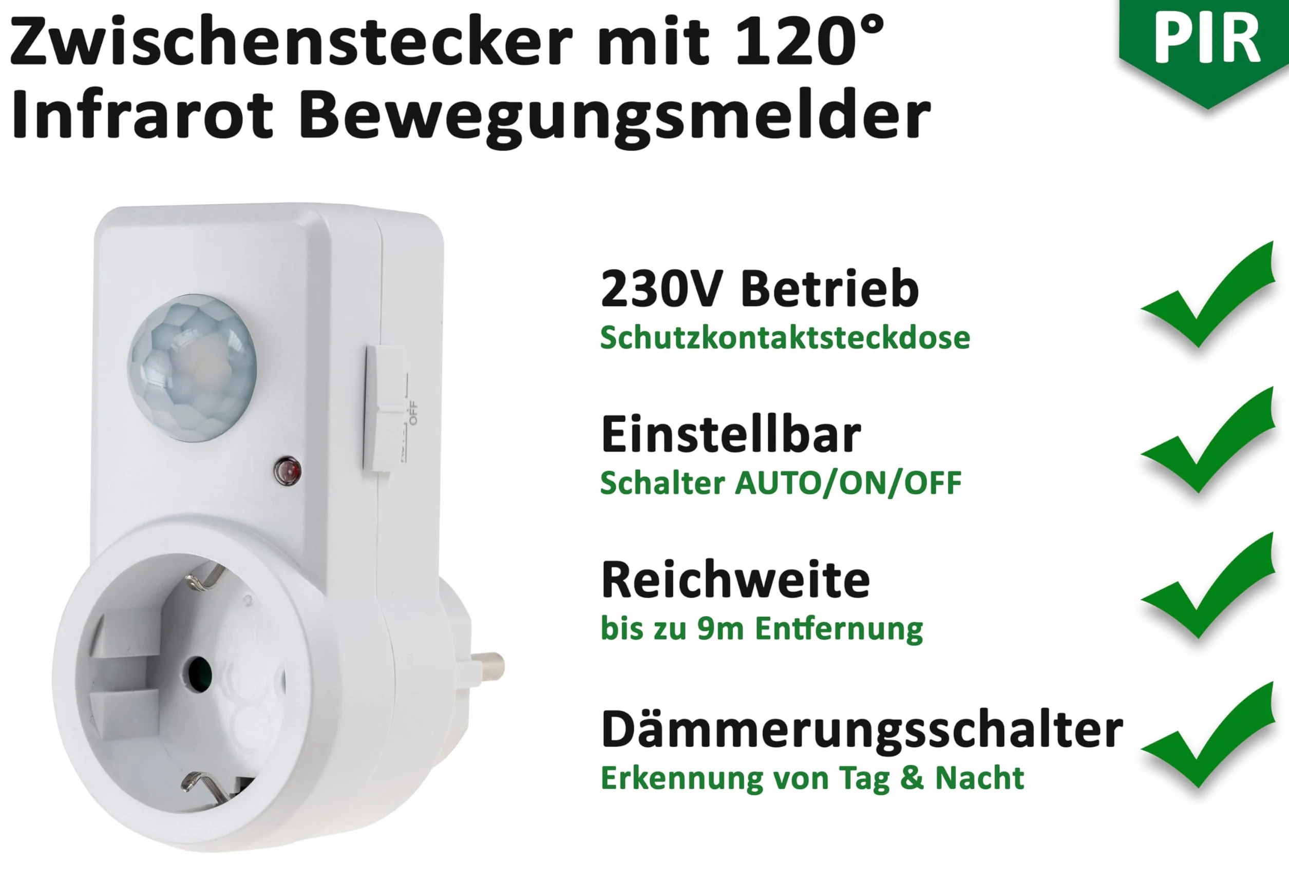 ChiliTec 21055_SML Wtyczka z Czujnikiem Ruchu 120, 1200 W, 230 V, Biały