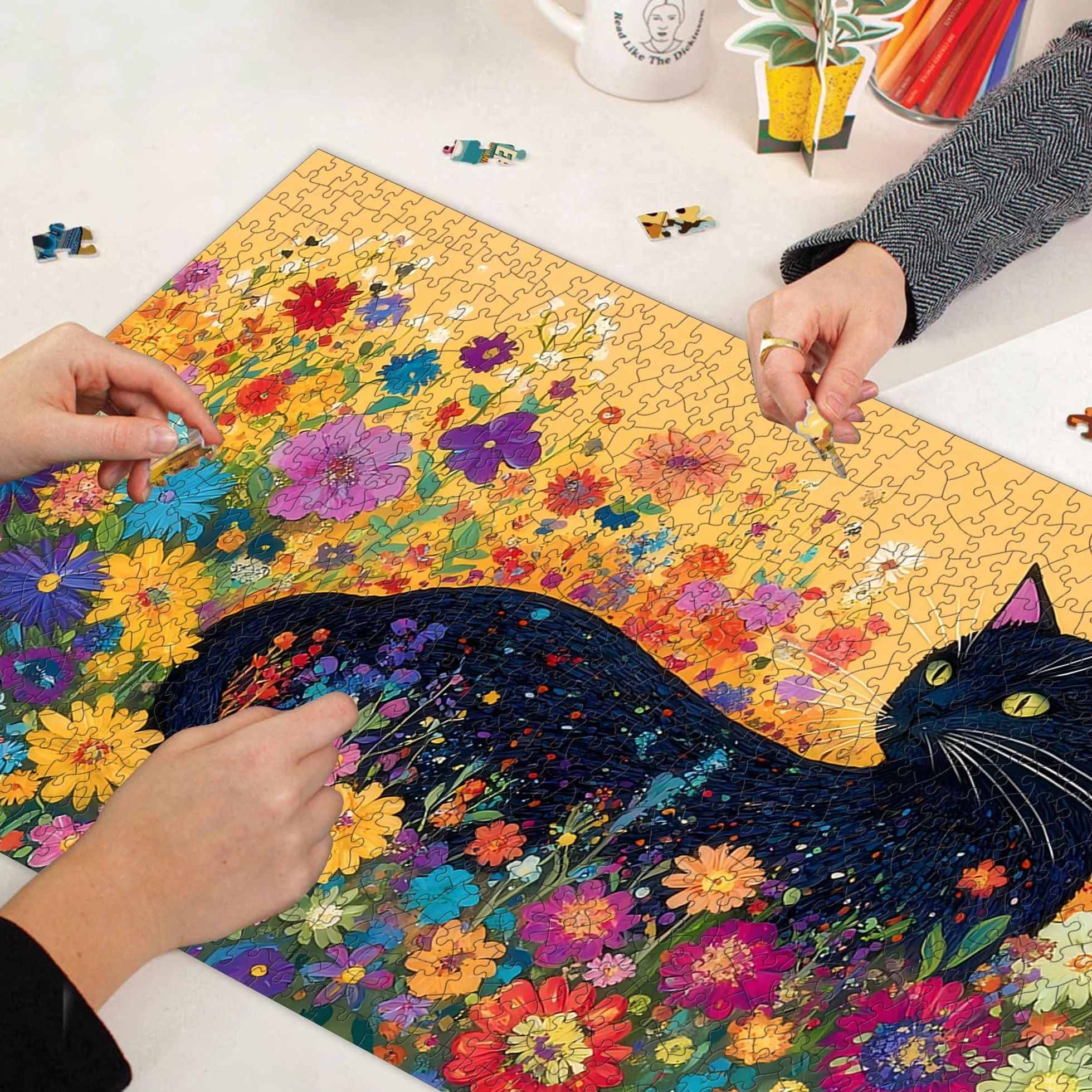 Bimkole Kwitnący Kot Puzzle Dla Dorosłych 1000 Elementów, Kwiat Puzzle Papierowe 1000 Elementów – Zabawna I Wymagająca Układanka Dekoracyjna Dla Całej Rodziny, 80 X 41 cm