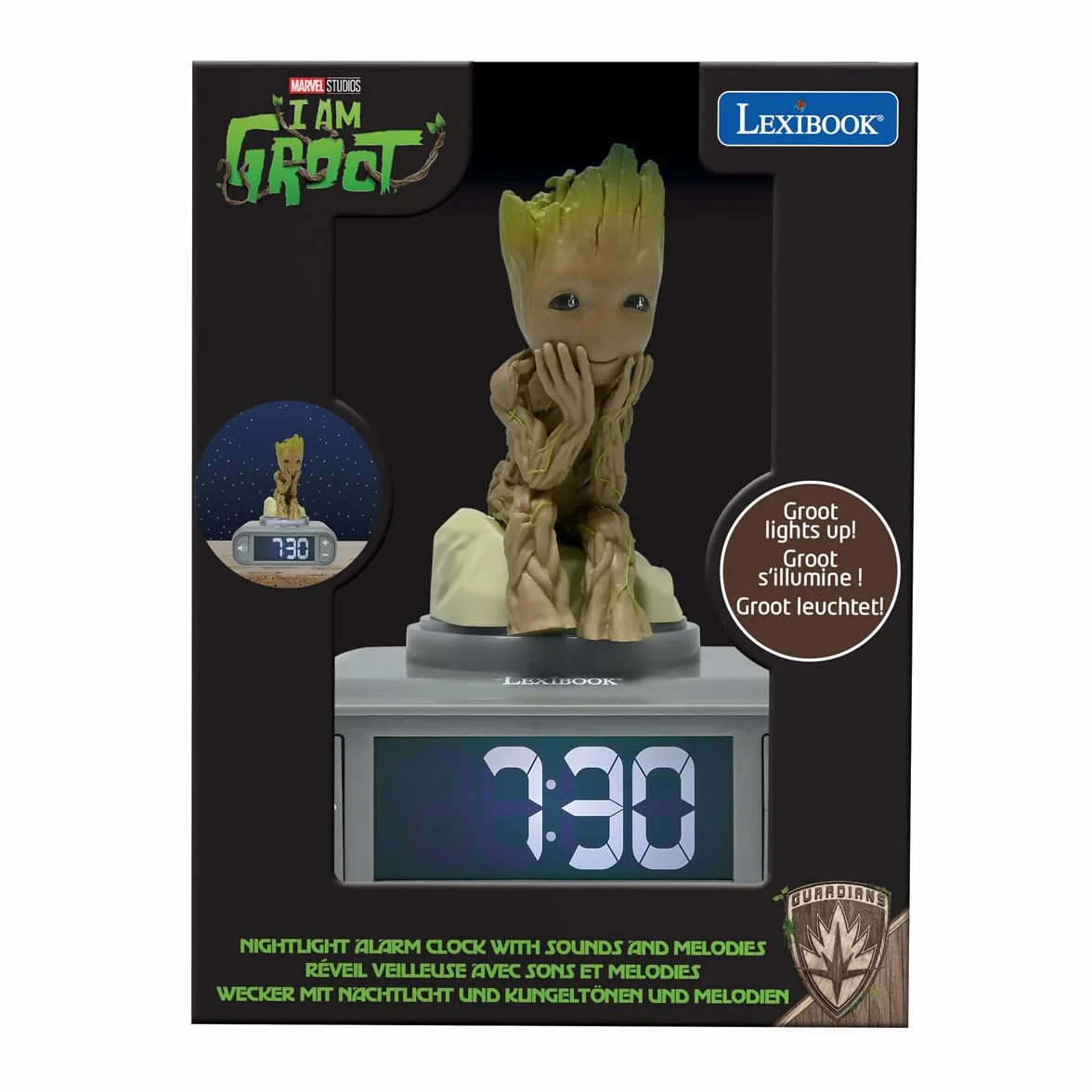 Lexibook, Marvel Guardians Of The Galaxy, Budzik Nocny Groot, Dźwięki i Melodie, Podświetlany Ekran LCD, Podświetlenie, Drzemka, Szary, Brązowy, RL800GG