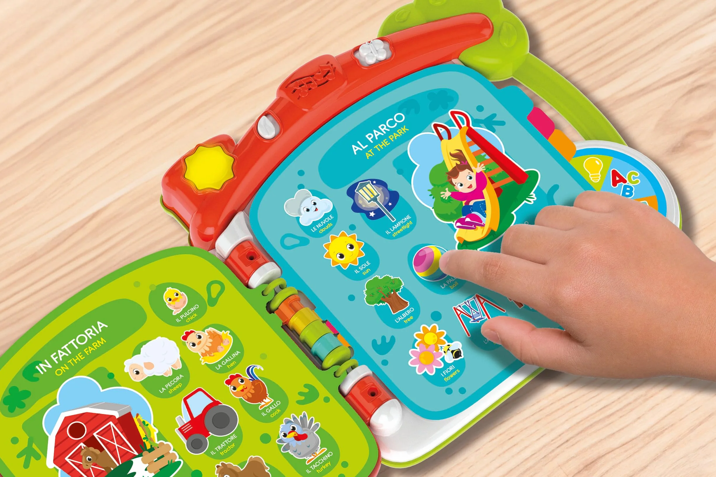 Clementoni Baby Discover the world in 100 worlds - interactive book 1 year electronic speaking, edukacyjna dwujęzyczna książka dla dzieci, dwujęzyczny dźwięk dotykowy, nauka włoskiego i angielskiego,