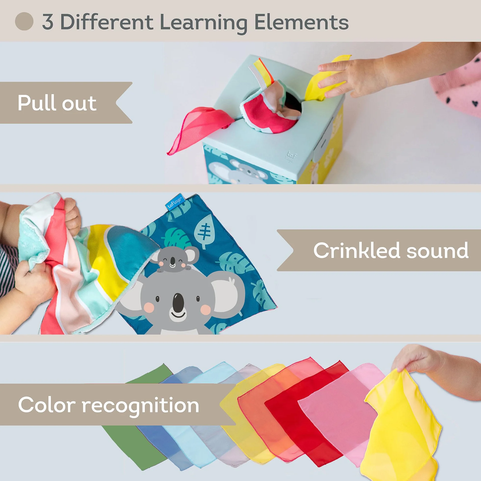 Taf Toys Sensory Wonder Tissue Box For Infants & Toddlers, Colourful Pull Scarves and Koala Daydream Crinkling Blankies For Educational Preschool Learning & Development