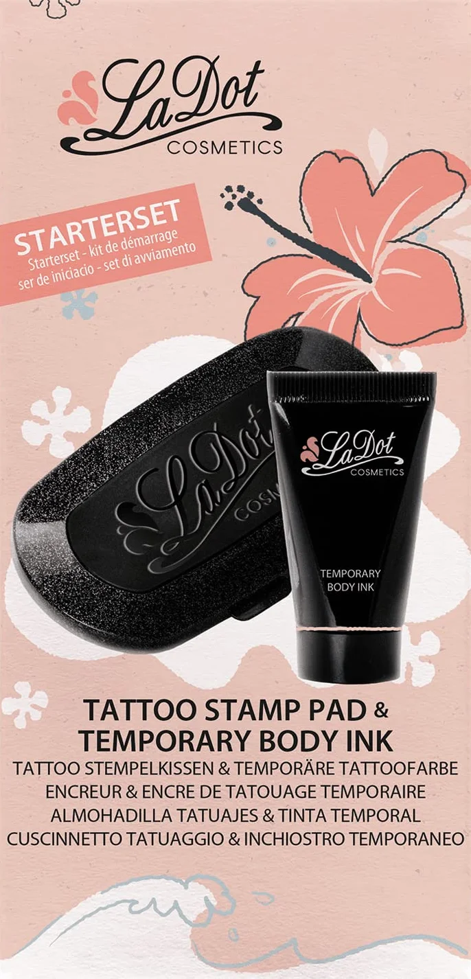 LaDot Tattoo Starter Set - kolor czarny z certyfikatem i pieczątką dla dzieci i dorosłych, tymczasowe sztuczne tatuaże przyjazne dla skóry, tusz do tatuażu na ciało i ramię, wodoodporny, 15 ml