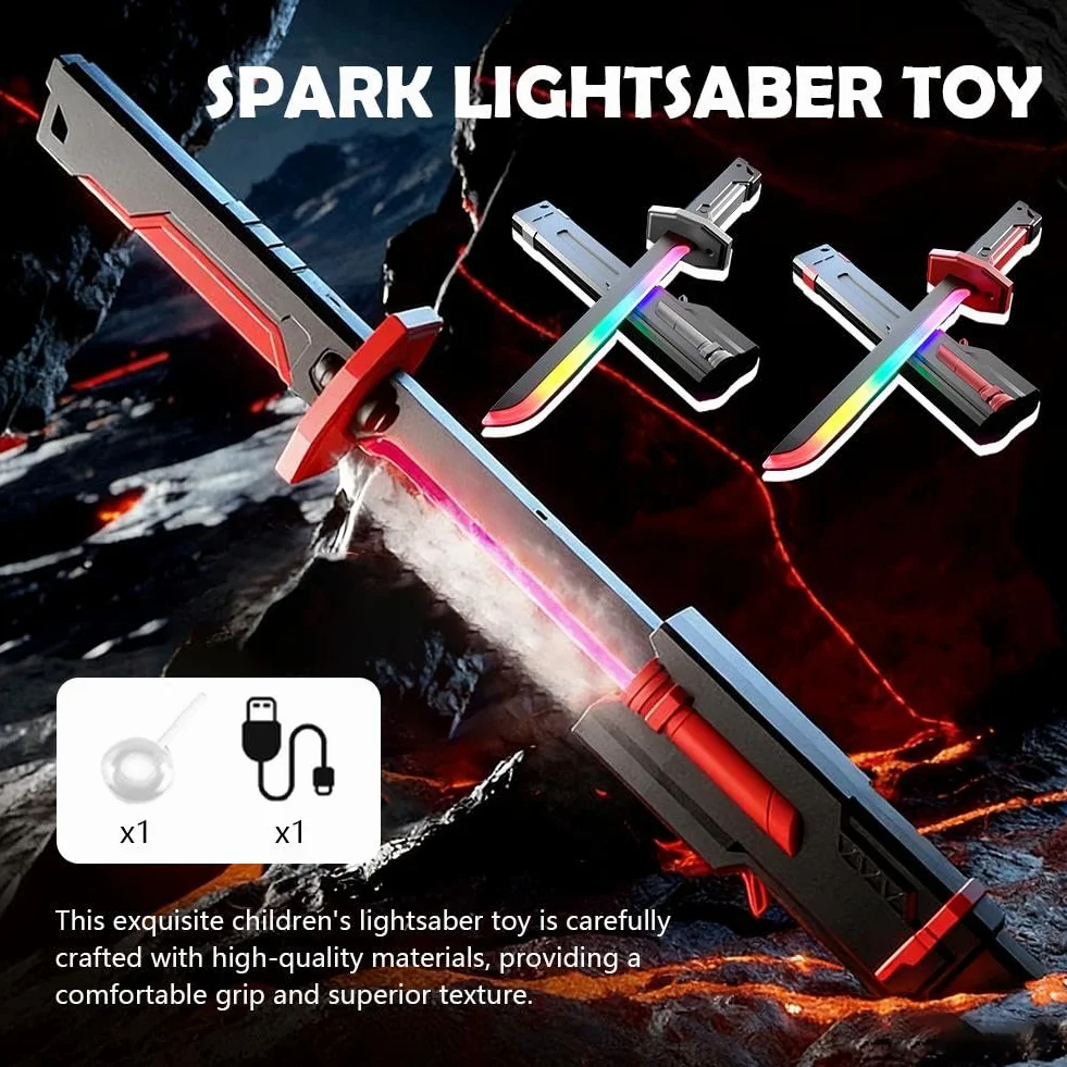 Sparkblade Sword with Sparks,LED Light Up Prop w/Mist Fog Effect,Glowing Cosplay Toys， Rechargeable, Flints Included(Red)