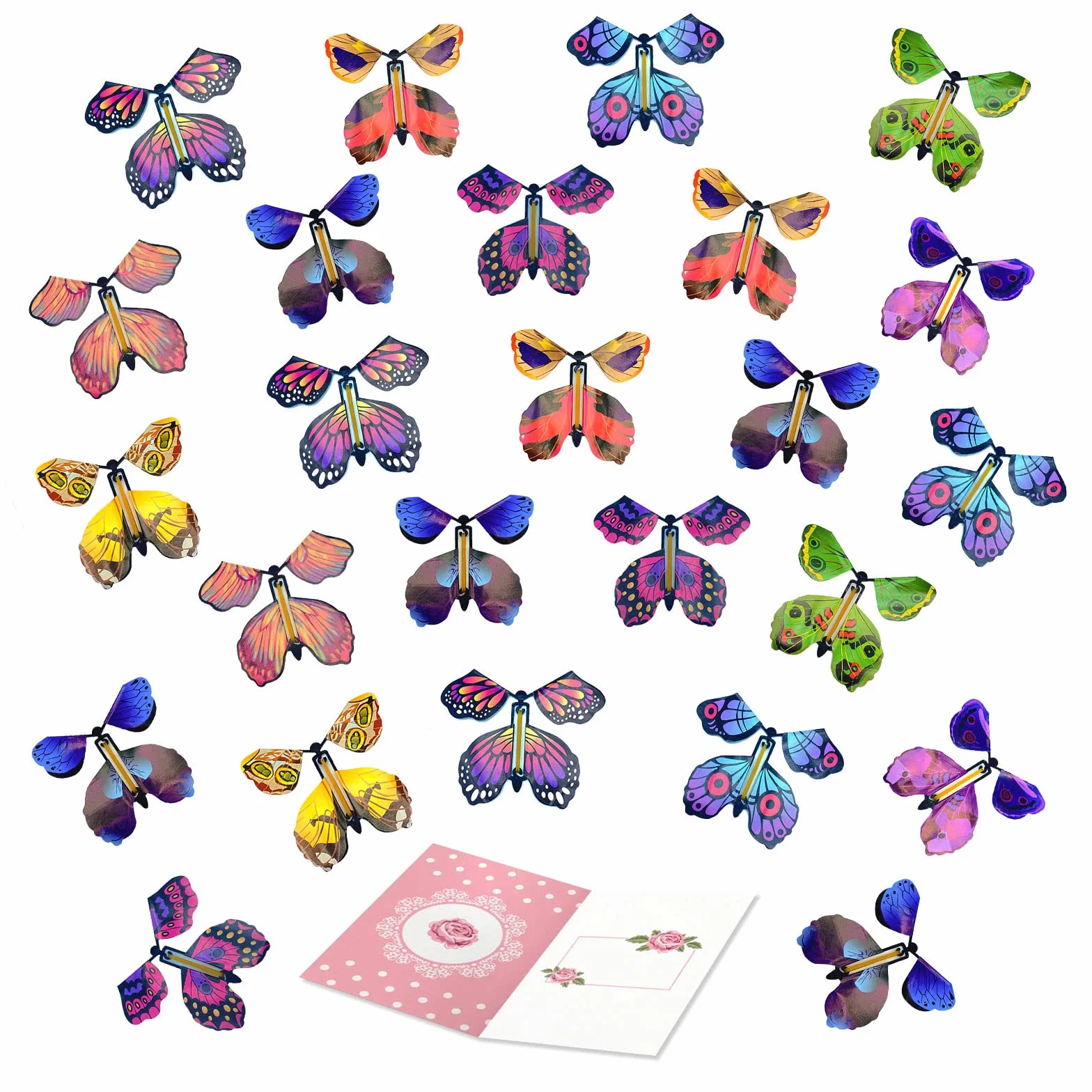 TSHAOUN 25 magicznych latających motyli, kartki z motylami, na prezenty urodzinowe, z motywem "Windup", latający motyl na urodziny (kolor losowy)