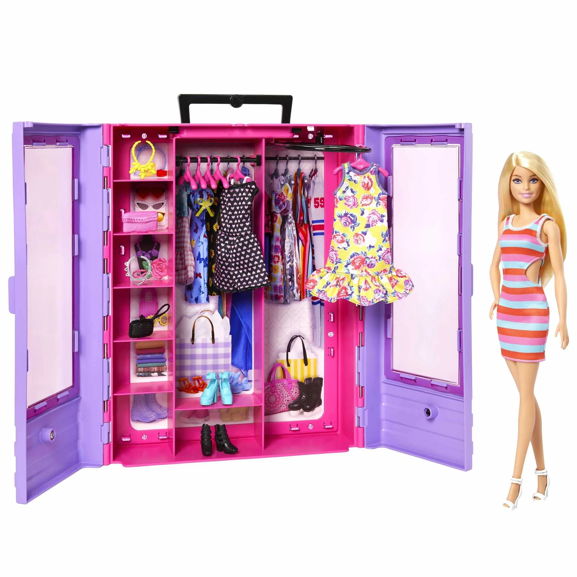 Barbie Hjl66 - Garderoba Fashionistek, Zabawka do Noszenia Z Lalką, Ubrankami, Akcesoriami i Wieszakami, Prezent dla Dzieci od 3 Lat